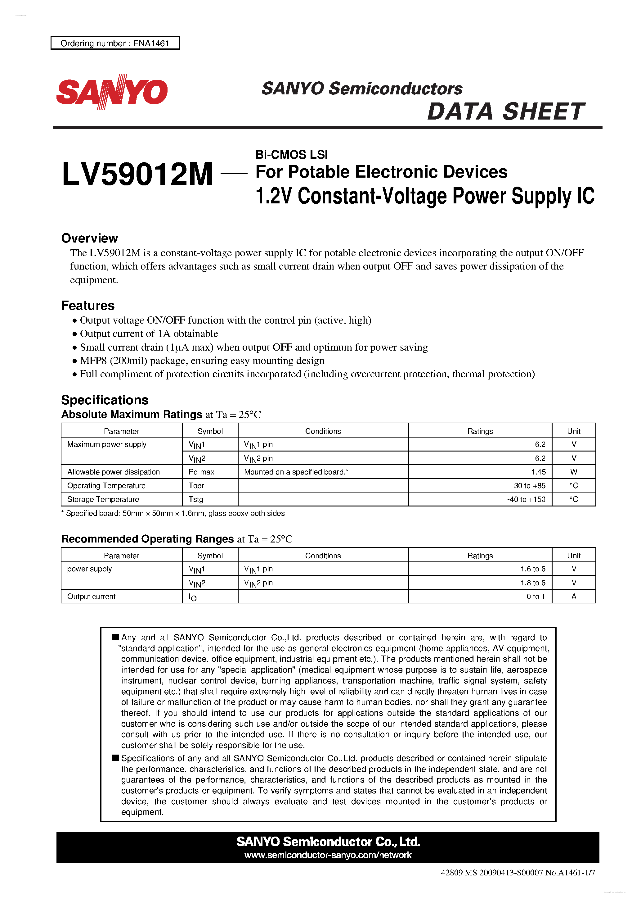 Даташит на микросхему LV59012M страница 1 Даташит LV59012M - 1.2V Constant-Voltage Power Supply IC страница 1