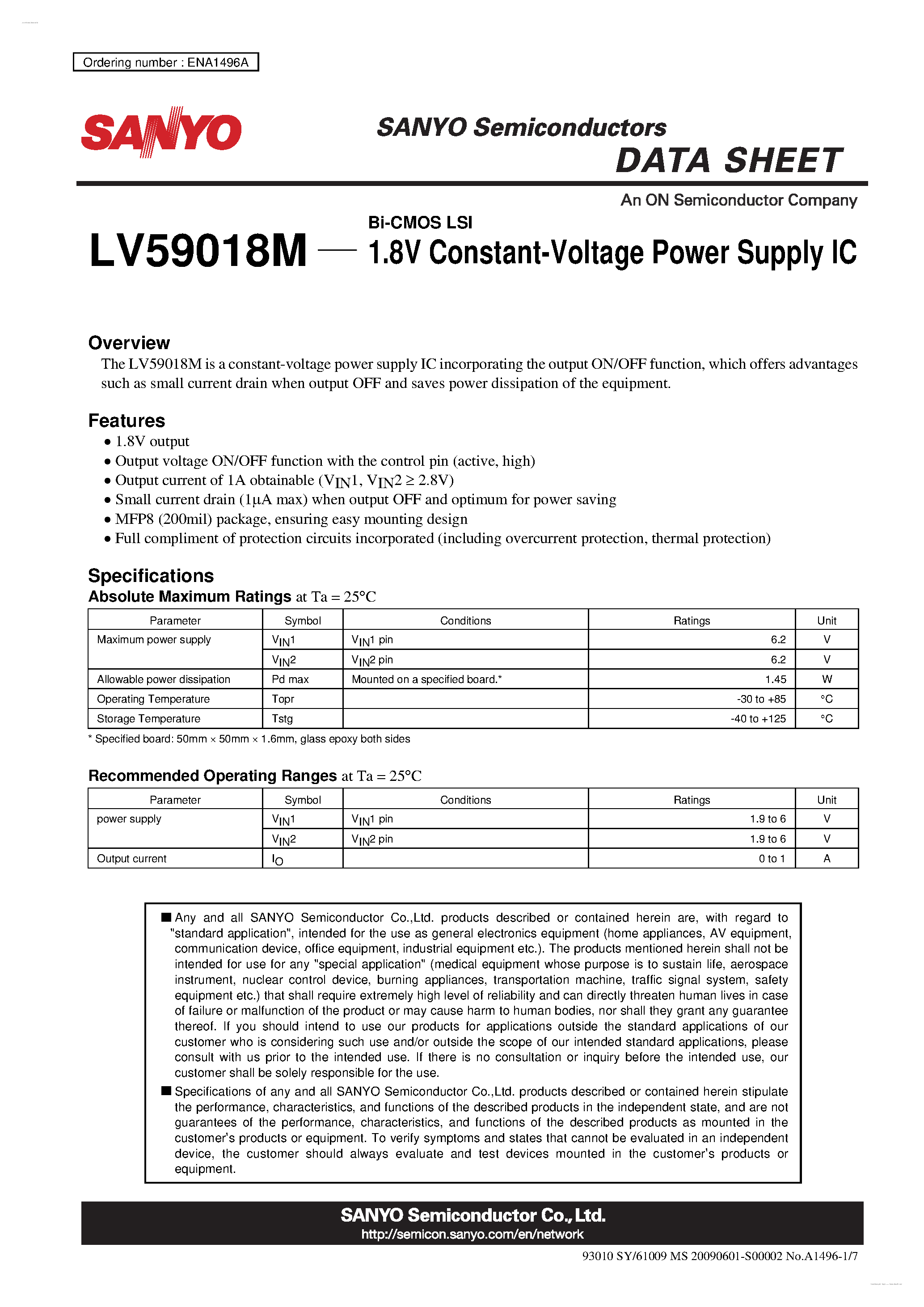 Даташит на микросхему LV59018M страница 1 Даташит LV59018M - 1.8V Constant-Voltage Power Supply IC страница 1