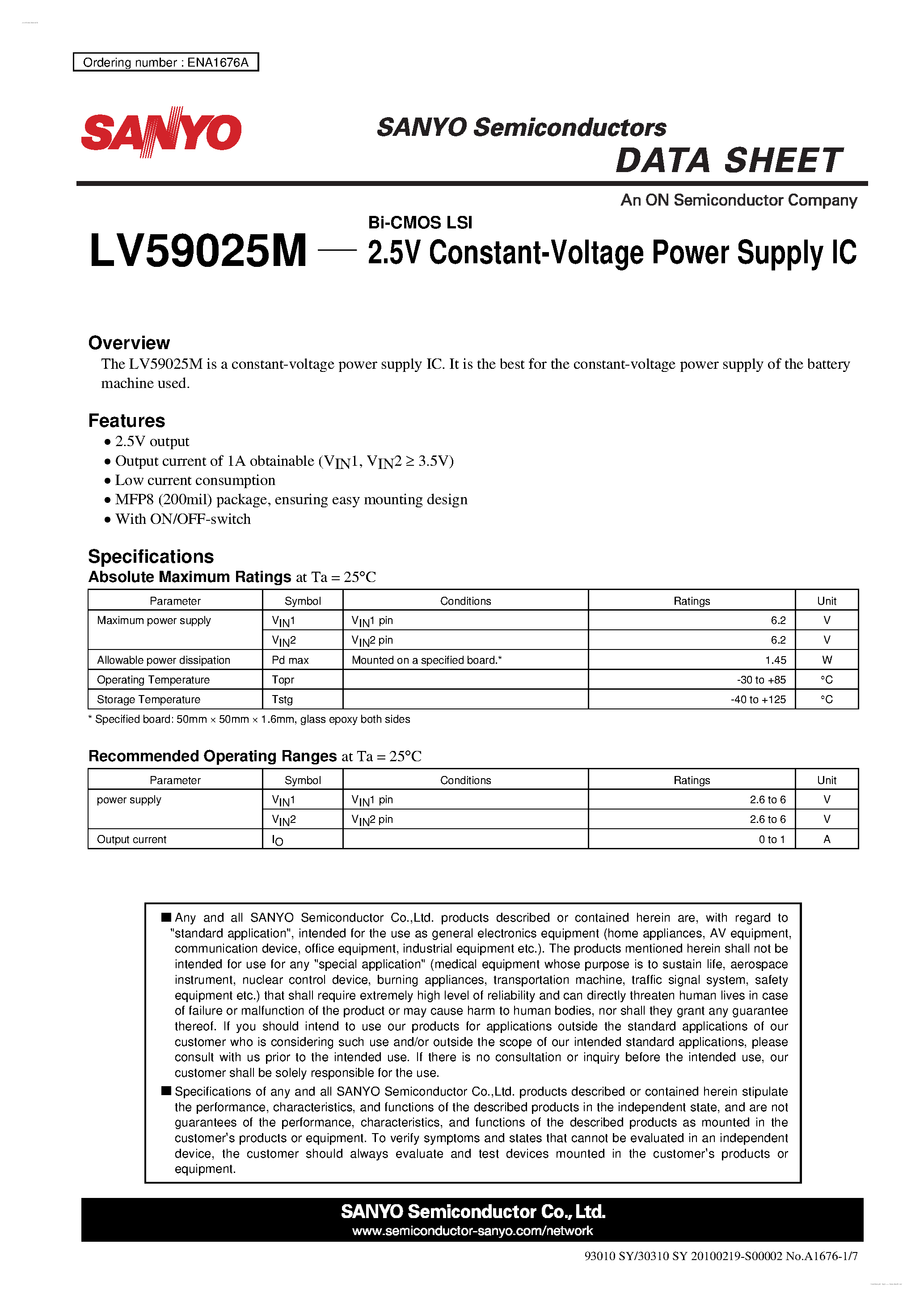 Даташит LV59025M - 2.5V Constant-Voltage Power Supply IC страница 1