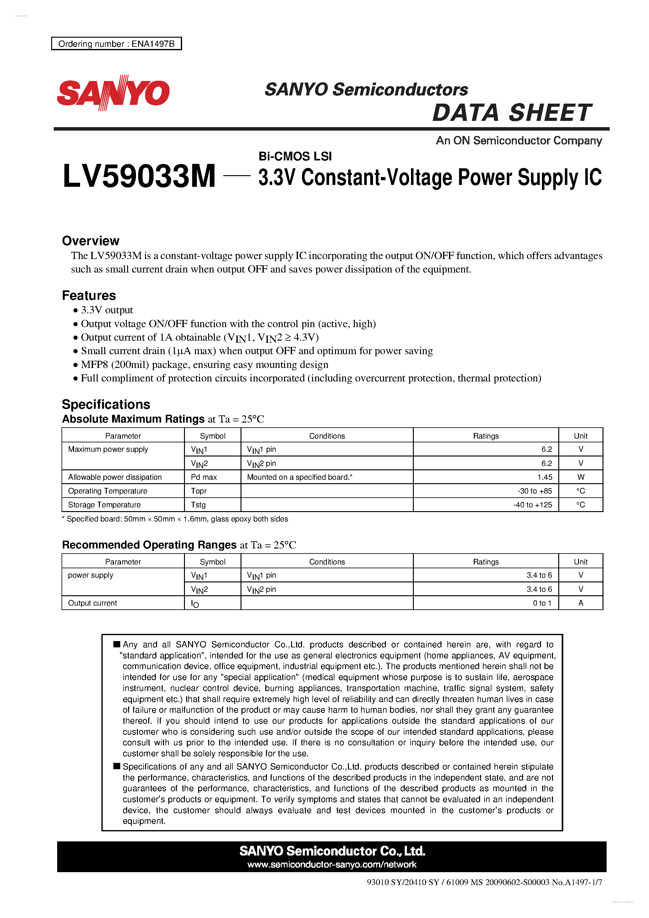 Datasheet LV59033M - 3.3V Constant-Voltage Power Supply IC page 1