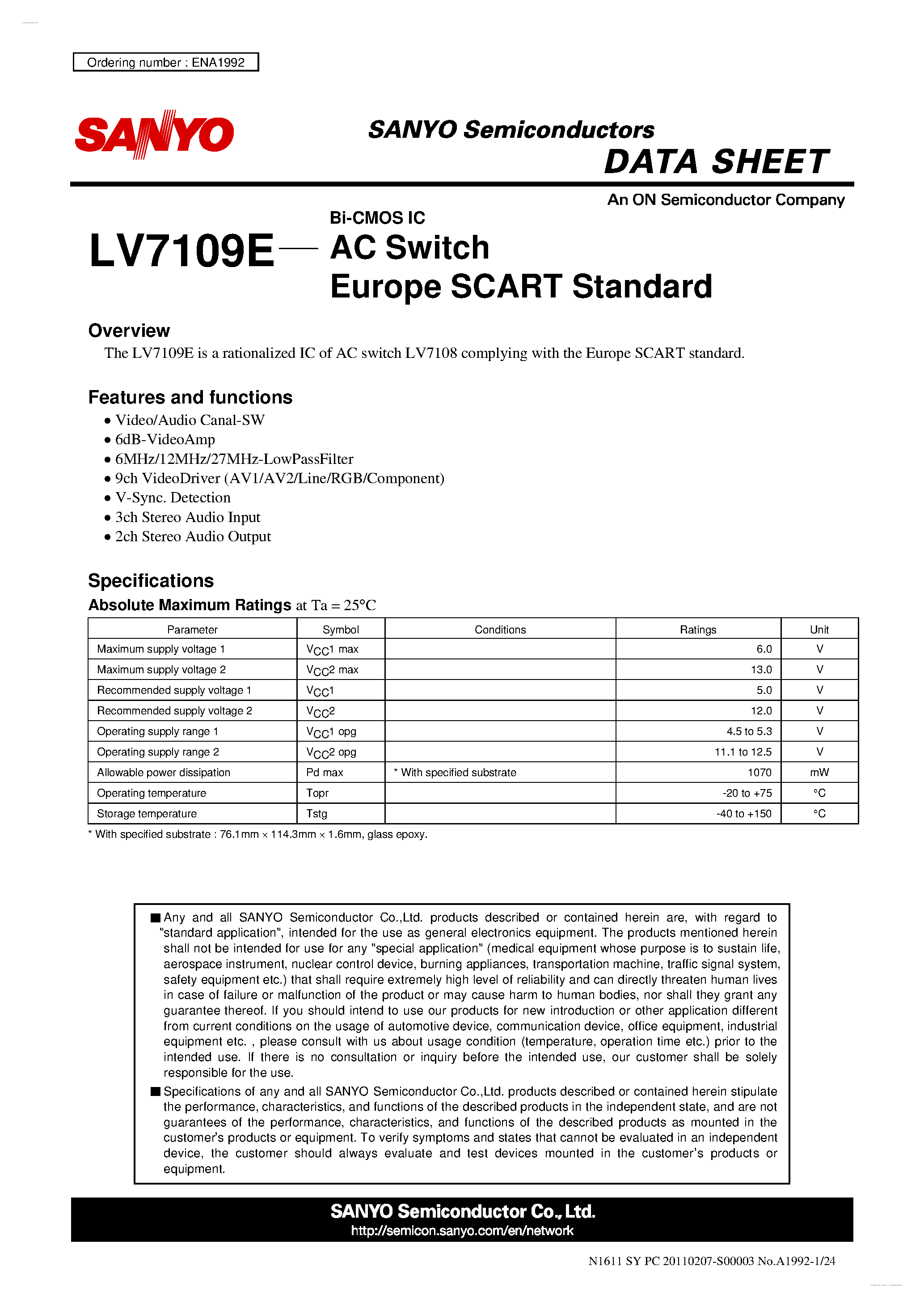 Даташит на микросхему LV7109E страница 1 Даташит LV7109E - AC Switch Europe SCART Standard страница 1