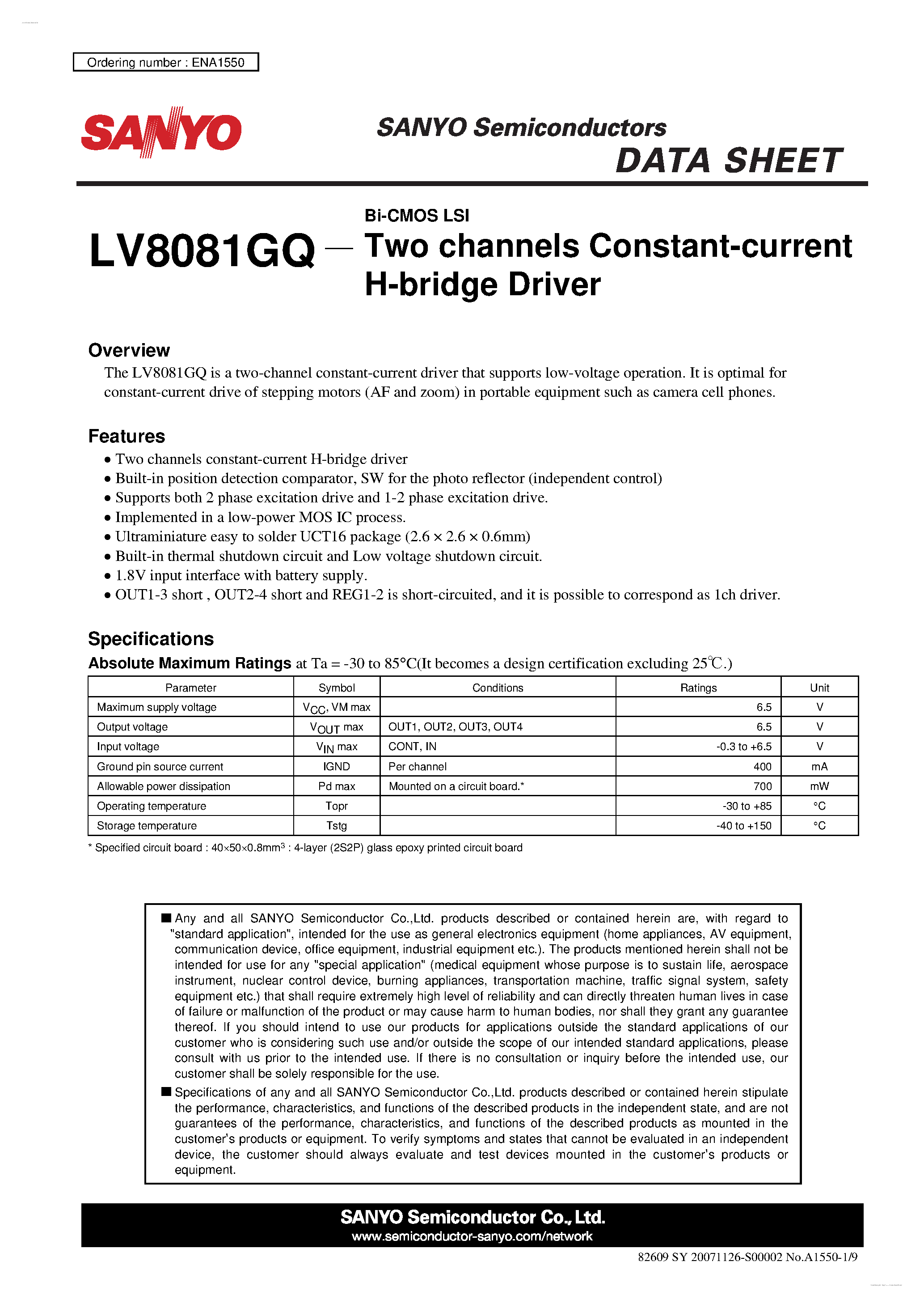 Datasheet LV8081GQ page 1 Datasheet LV8081GQ - Two channels Constant-current H-bridge Driver page 1