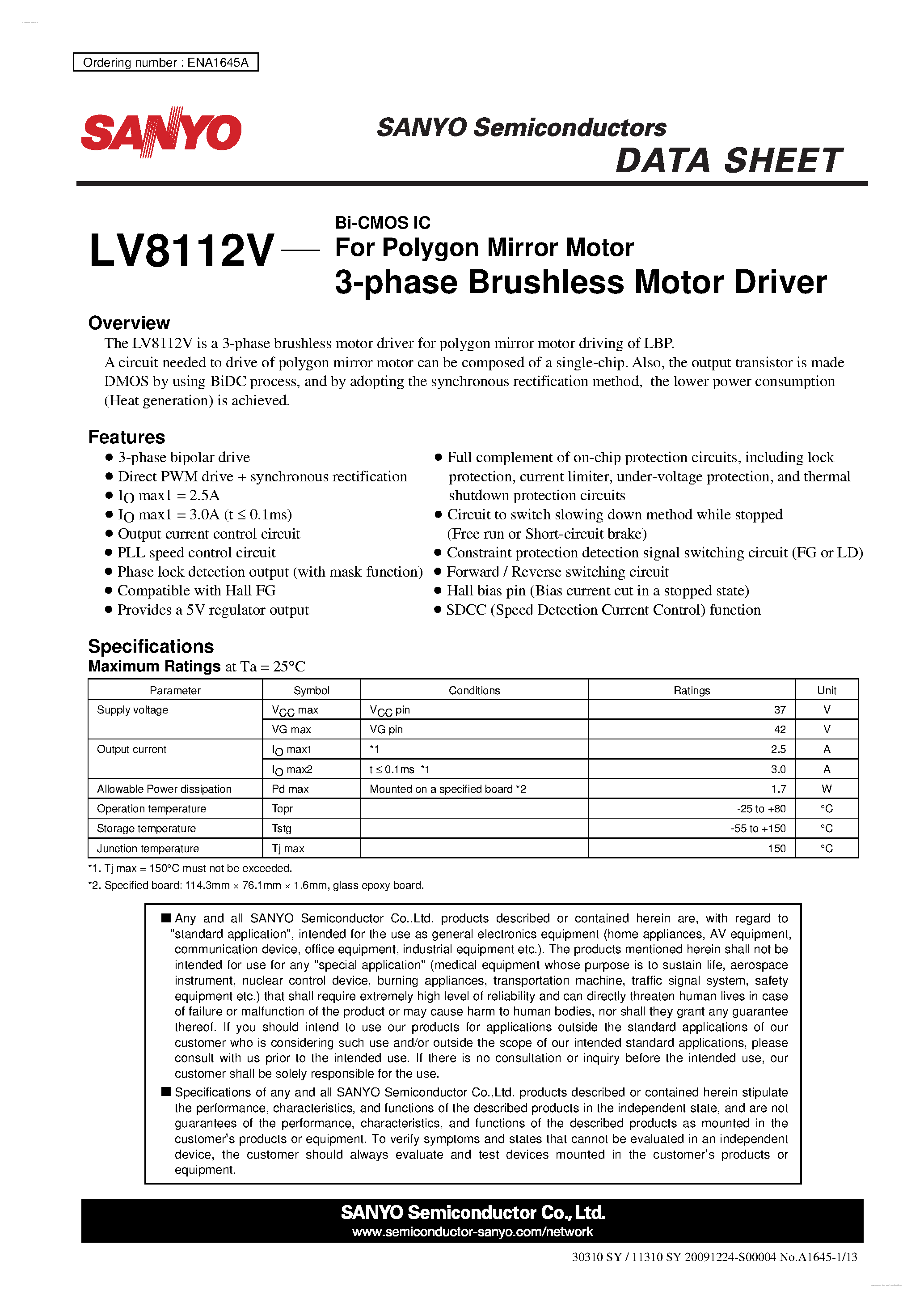 Datasheet LV8112V - 3-phase Brushless Motor Driver page 1