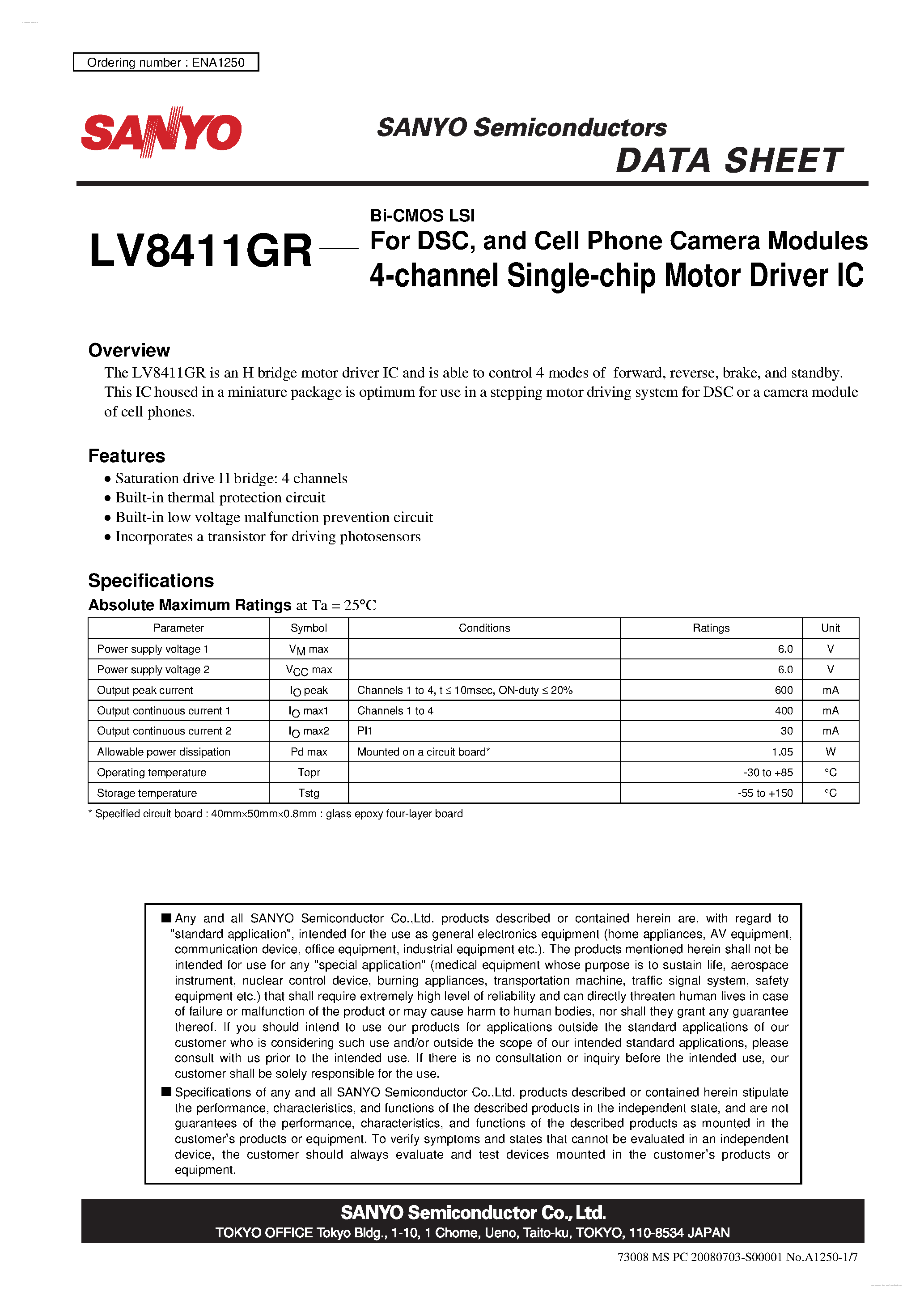 Datasheet LV8411GR page 1 Datasheet LV8411GR - 4-channel Single-chip Motor Driver IC page 1