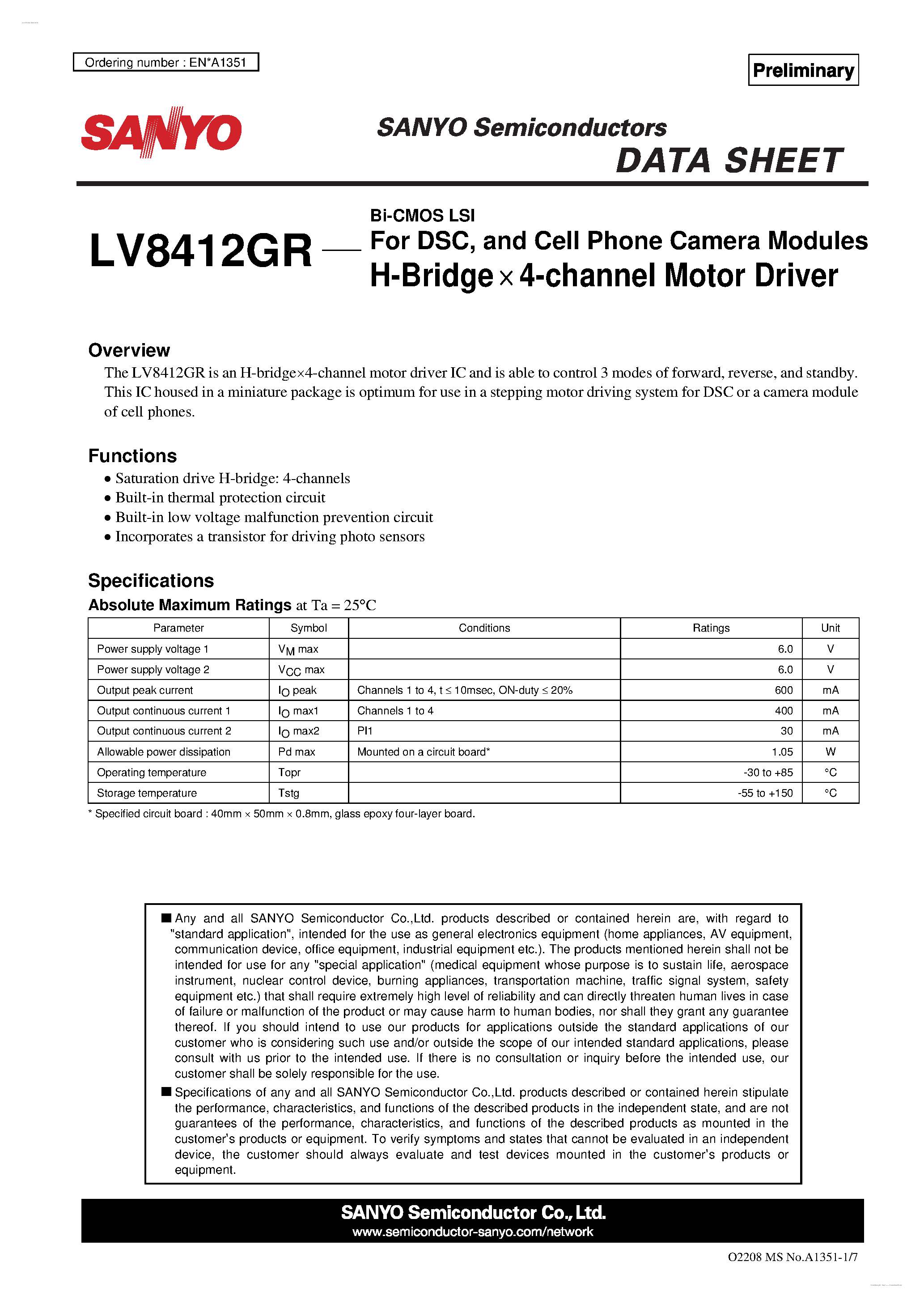 Datasheet LV8412GR page 1 Datasheet LV8412GR - H-Bridge X 4-channel Motor Driver page 1