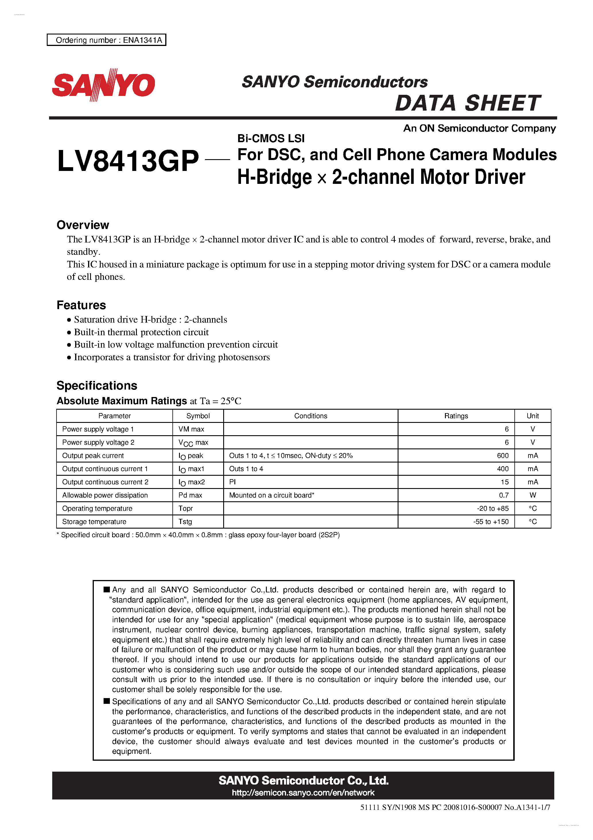 Datasheet LV8413GP page 1 Datasheet LV8413GP - H-Bridge x 2-channel Motor Driver page 1