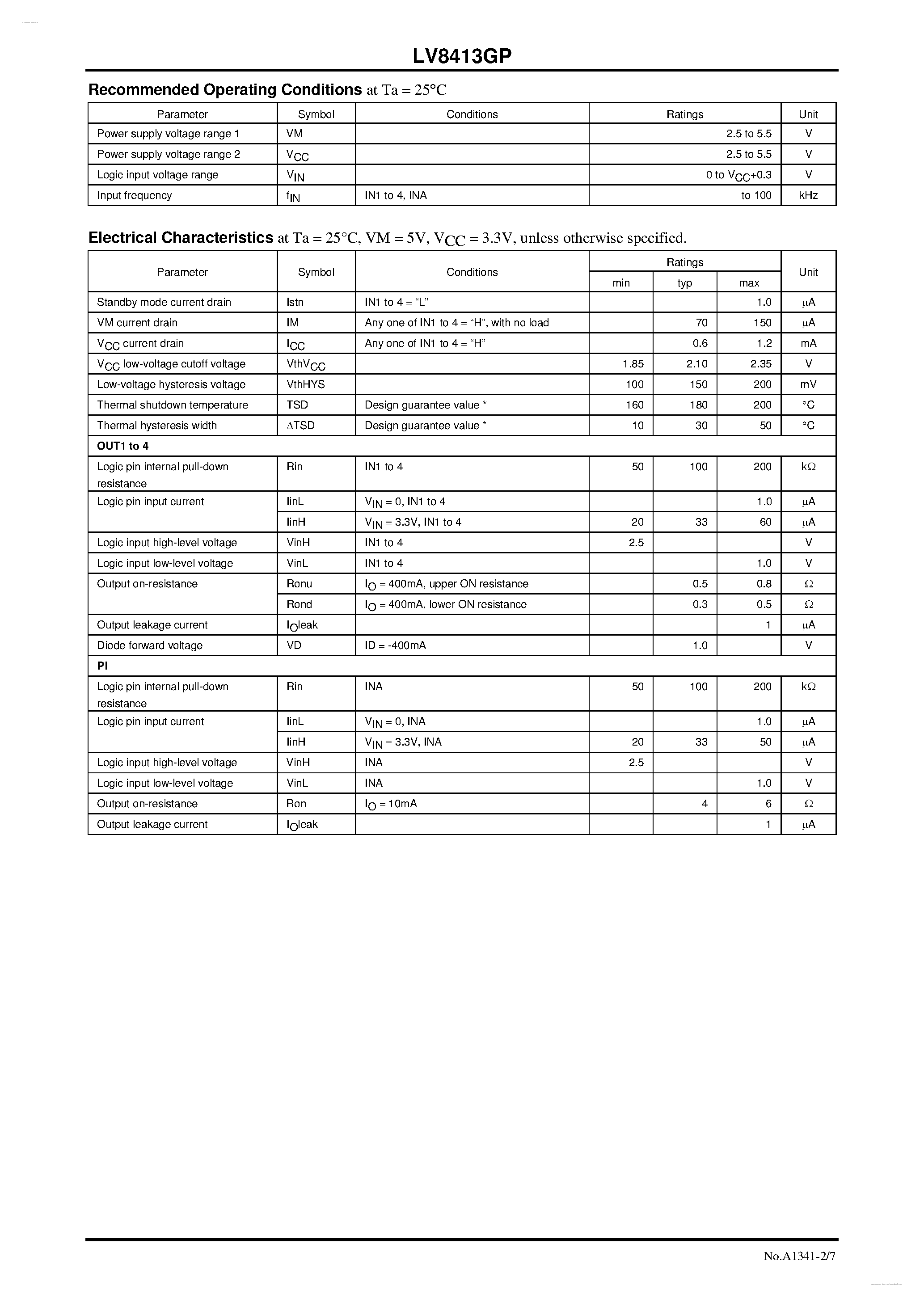 Datasheet LV8413GP page 2 Datasheet LV8413GP - H-Bridge x 2-channel Motor Driver page 2