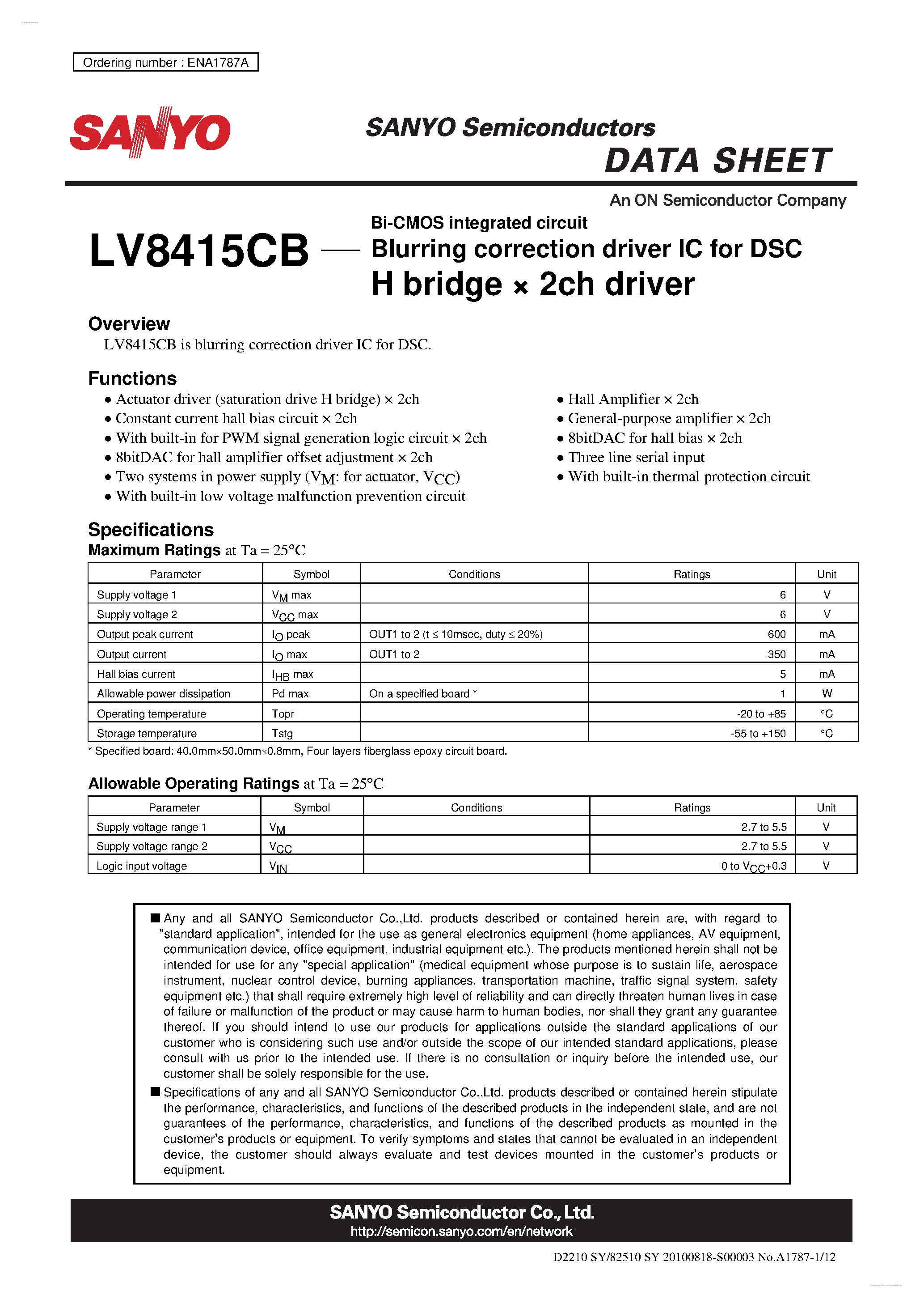 Datasheet LV8415CB page 1 Datasheet LV8415CB - H bridge x 2ch driver page 1