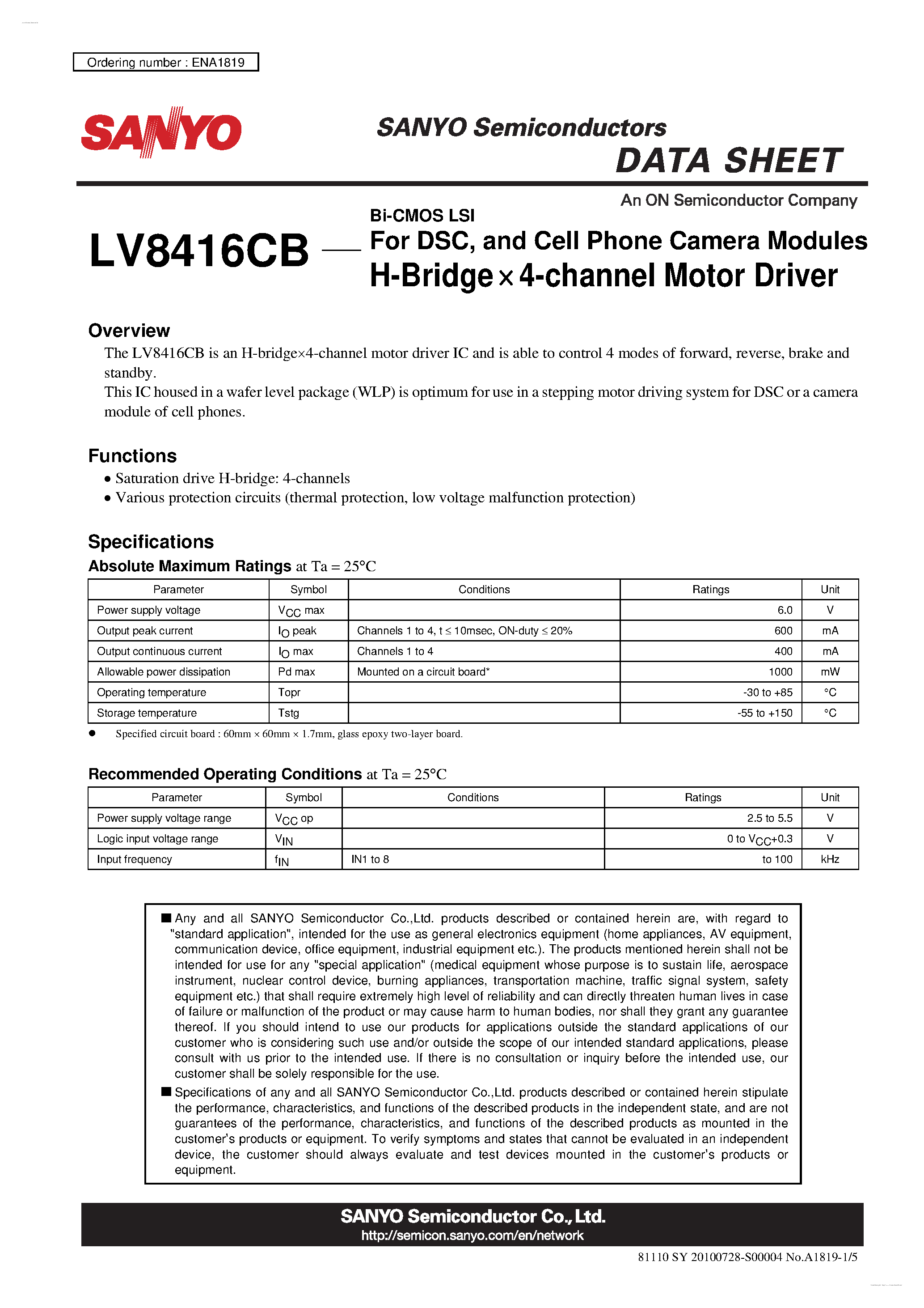 Datasheet LV8416CB page 1 Datasheet LV8416CB - H-Bridge x 4-channel Motor Driver page 1