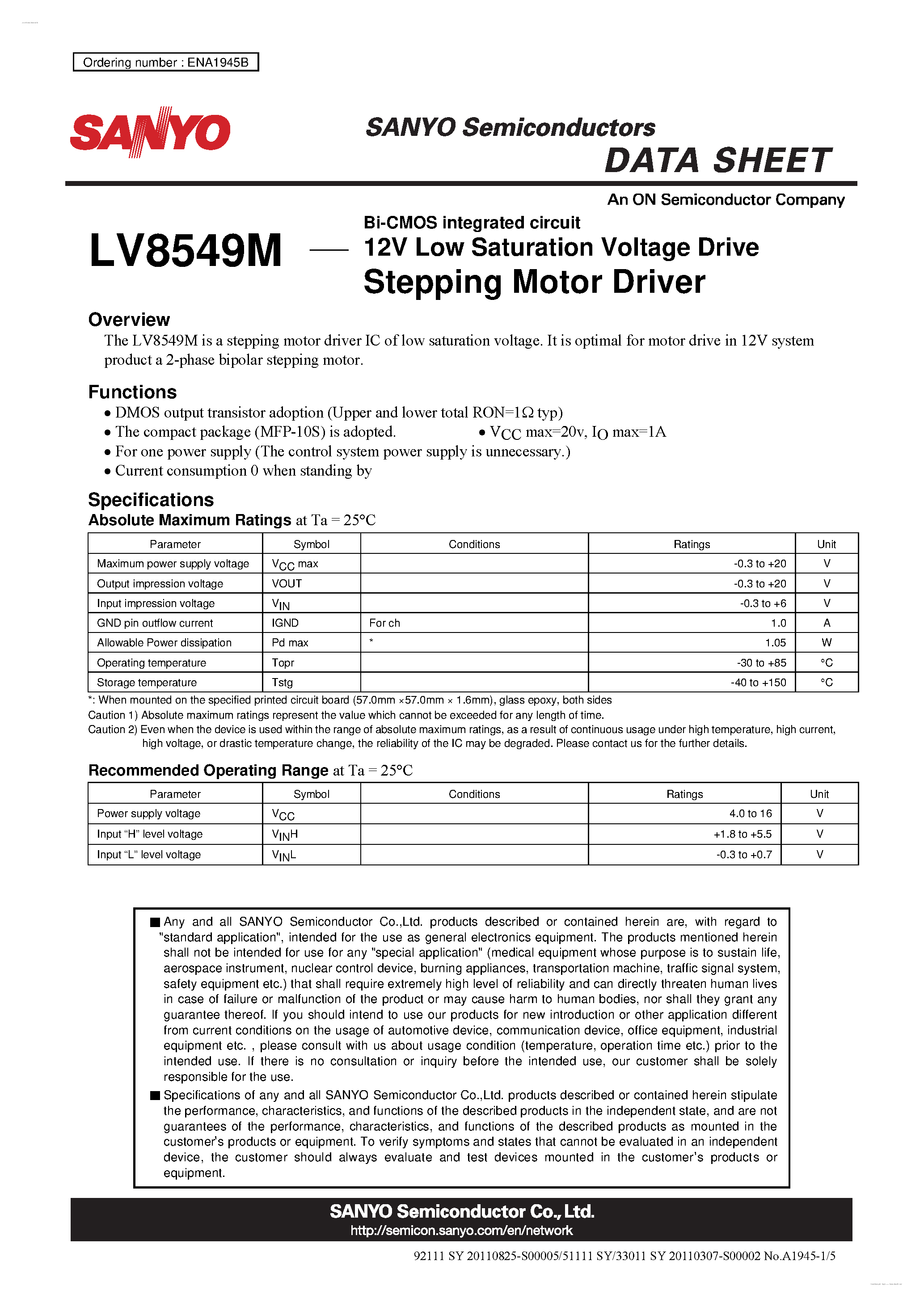 Даташит LV8549M - Stepping Motor Driver страница 1