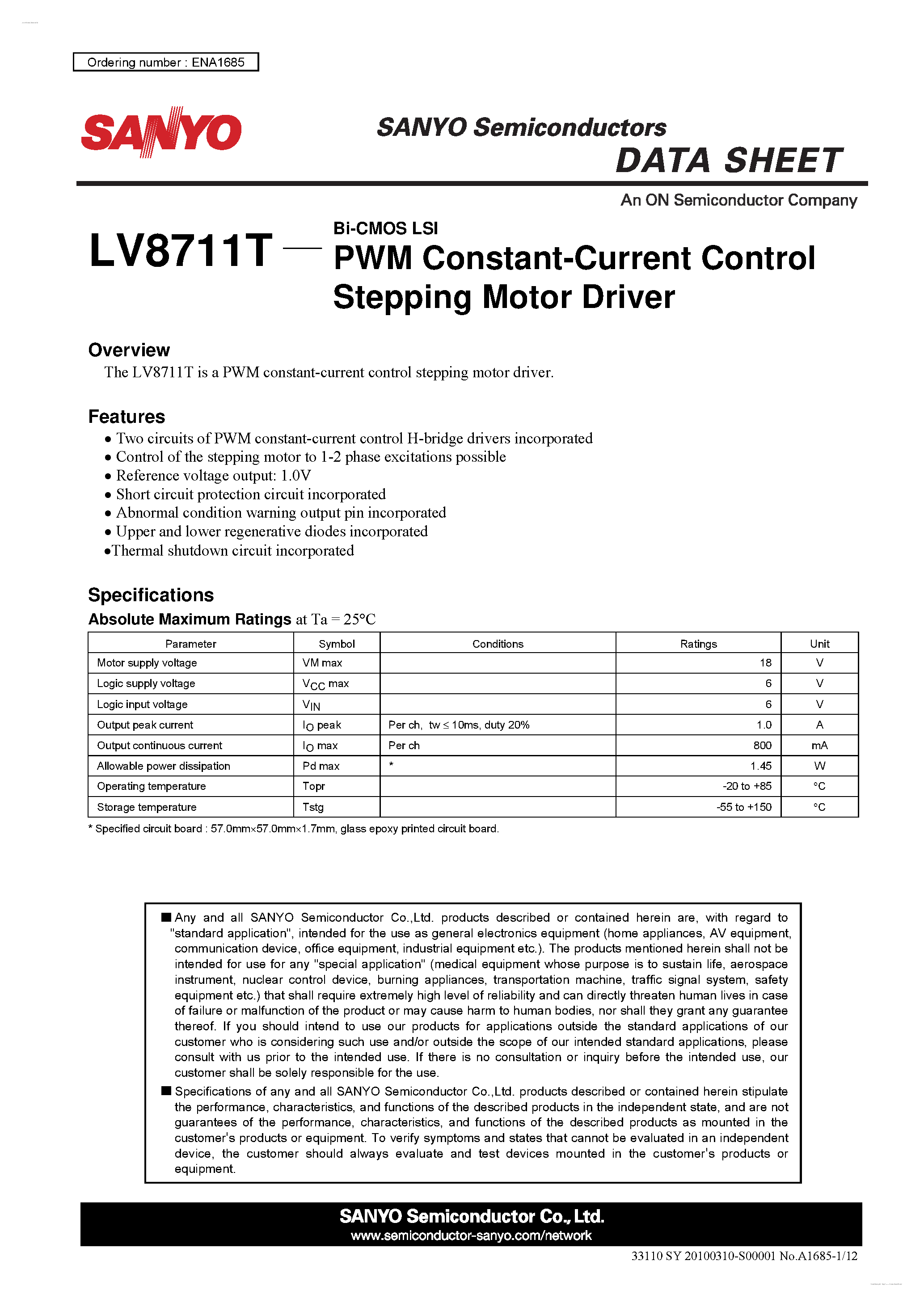 Datasheet LV8711T page 1 Datasheet LV8711T - PWM Constant-Current Control Stepping Motor Driver page 1