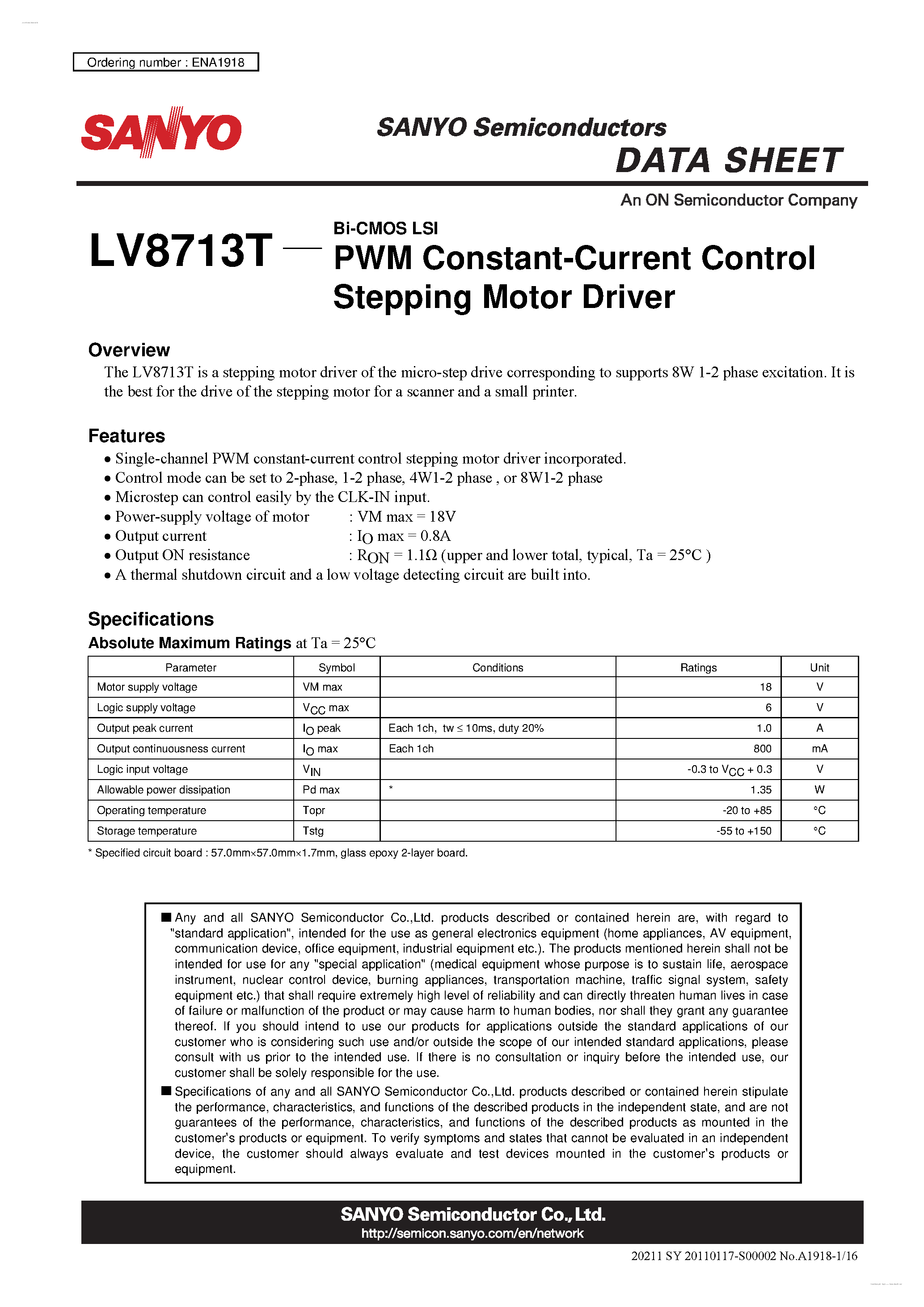 Даташит LV8713T - PWM Constant-Current Control Stepping Motor Driver страница 1