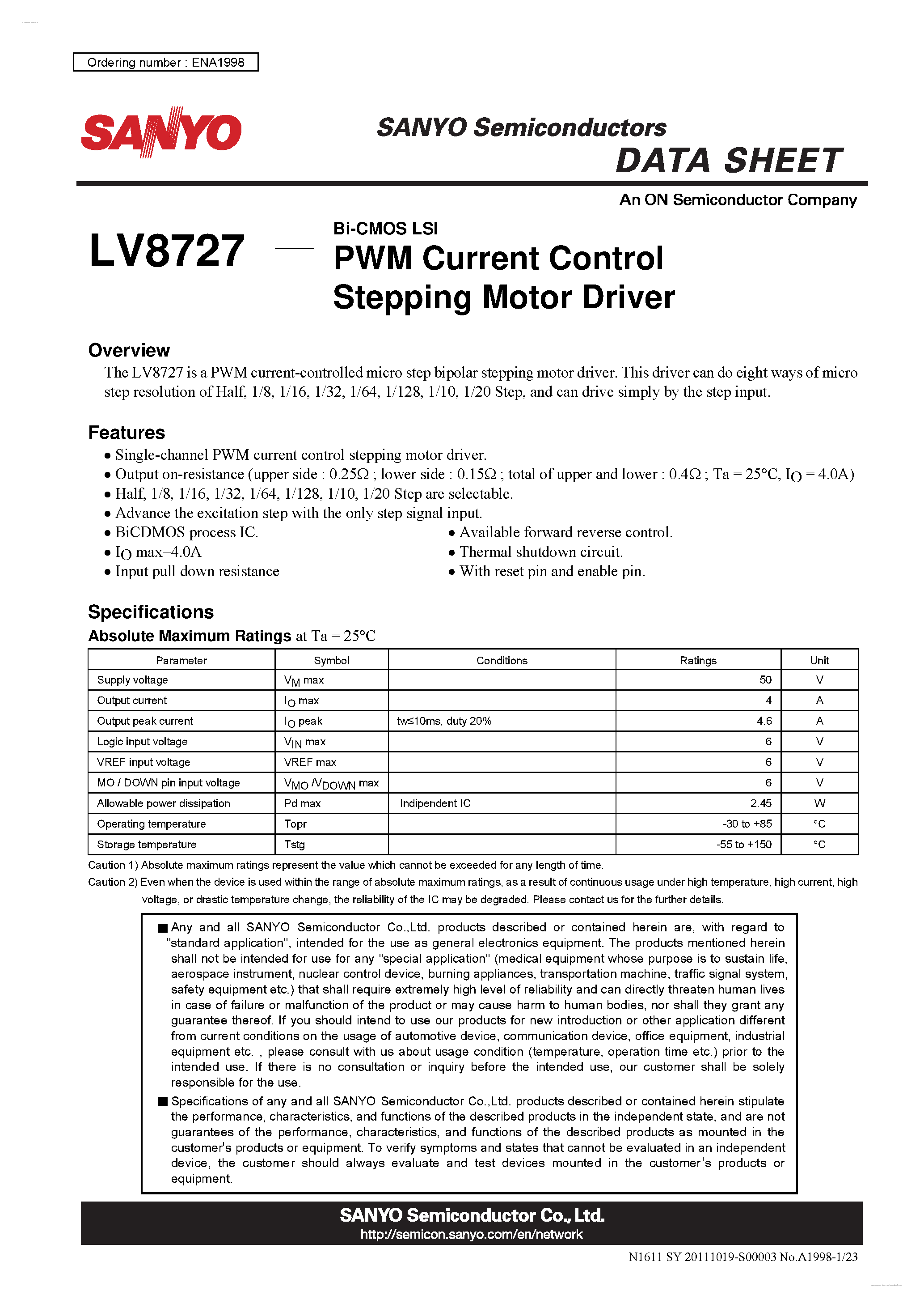 Даташит LV8727 - PWM Current Control Stepping Motor Driver страница 1