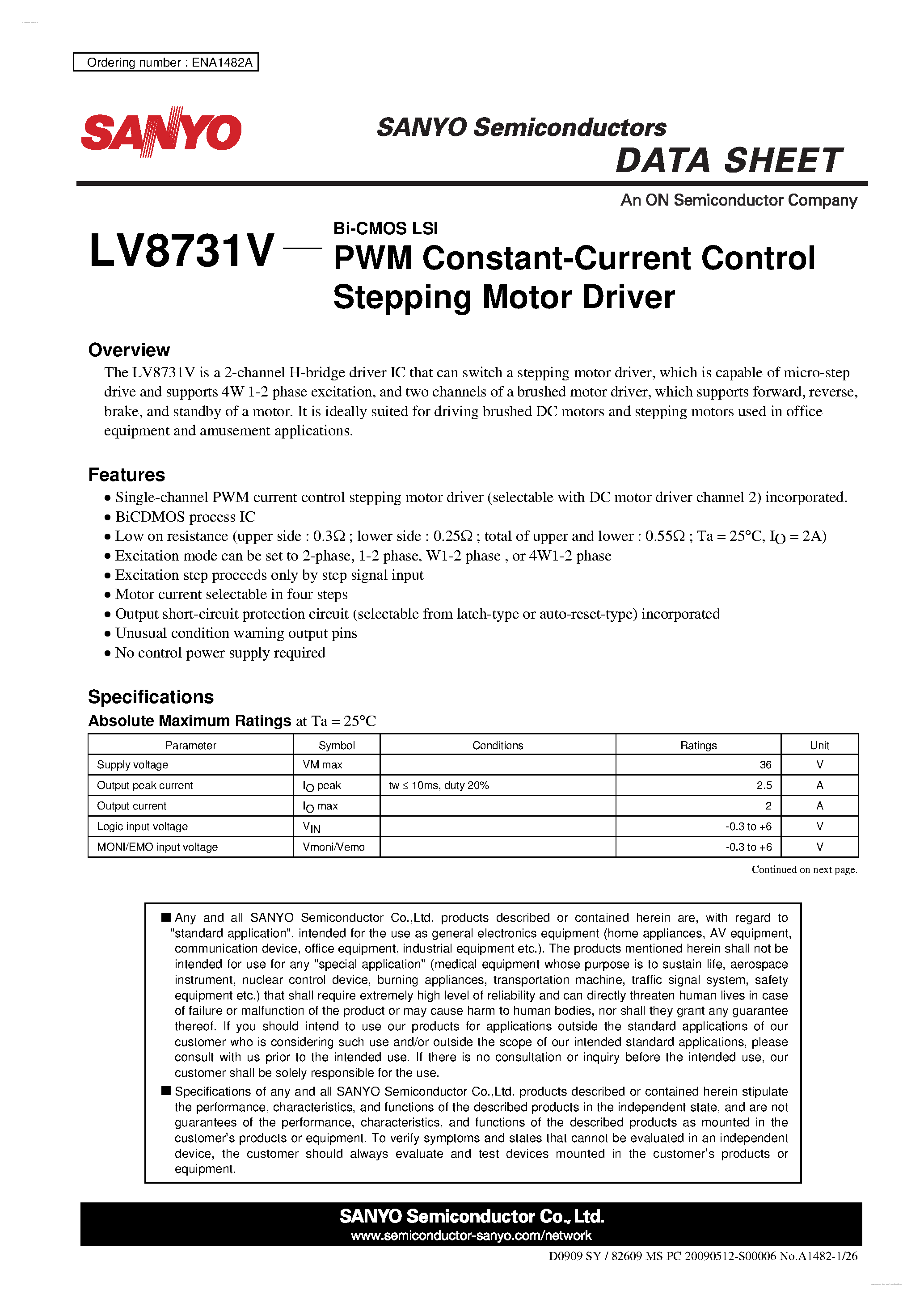 Даташит LV8731V - PWM Current Control Stepping Motor Driver страница 1