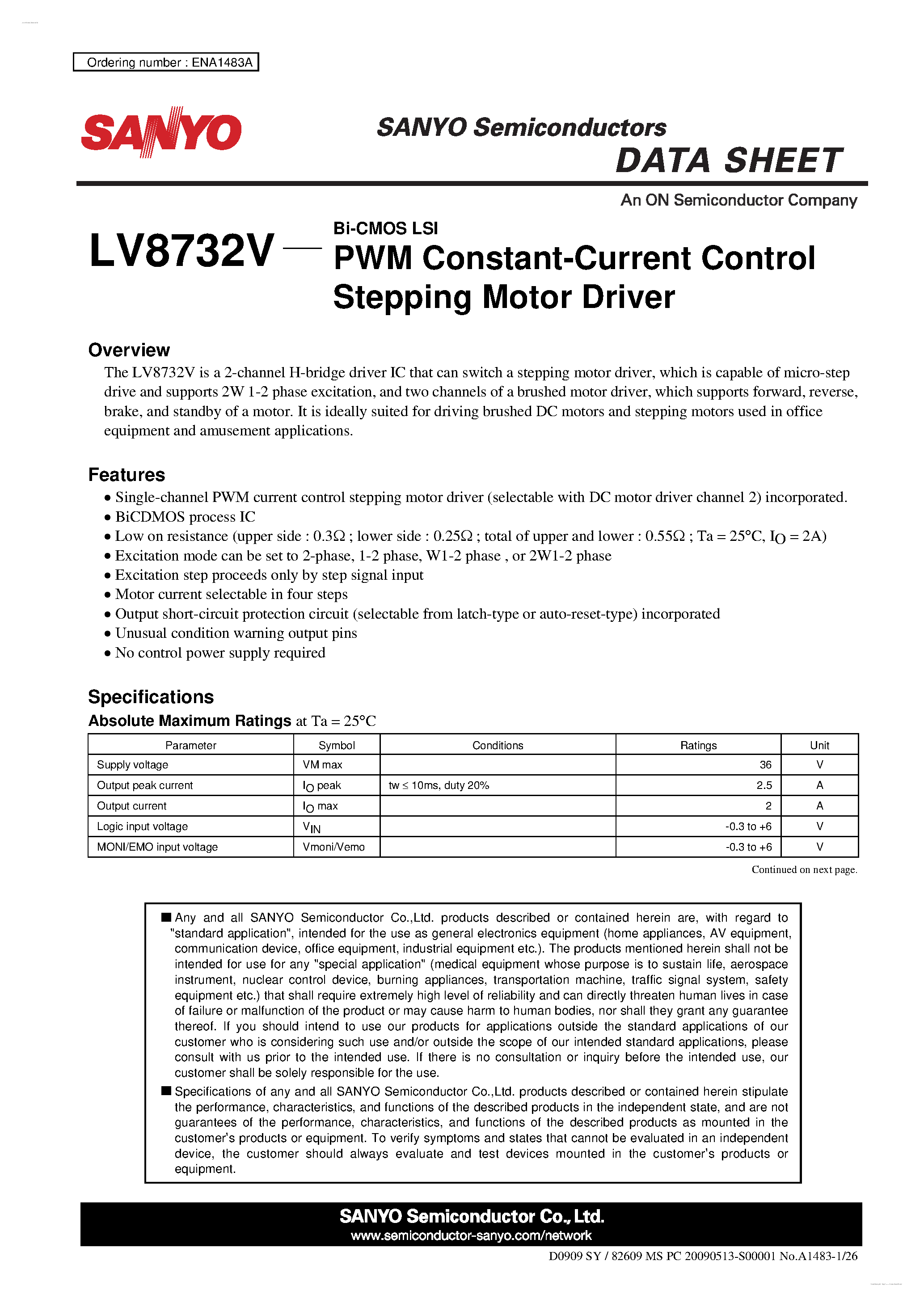 Даташит LV8732V - PWM Current Control Stepping Motor Driver страница 1