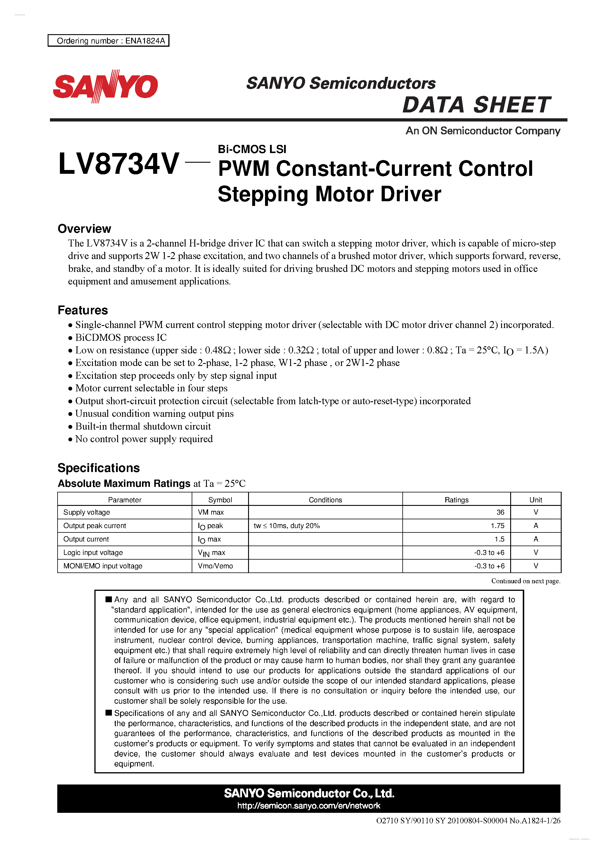 Даташит LV8734V - PWM Current Control Stepping Motor Driver страница 1