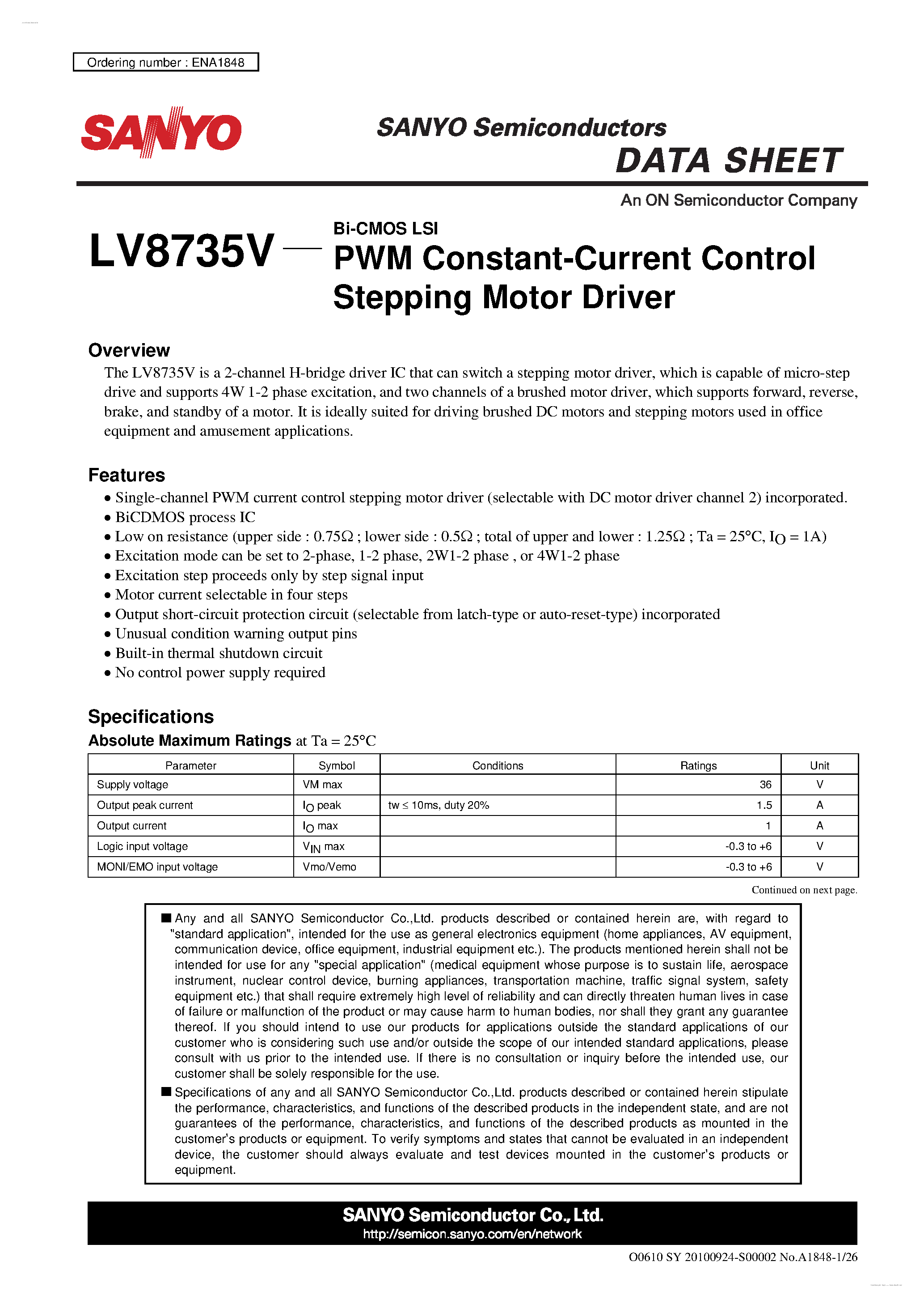 Даташит LV8735V - PWM Current Control Stepping Motor Driver страница 1