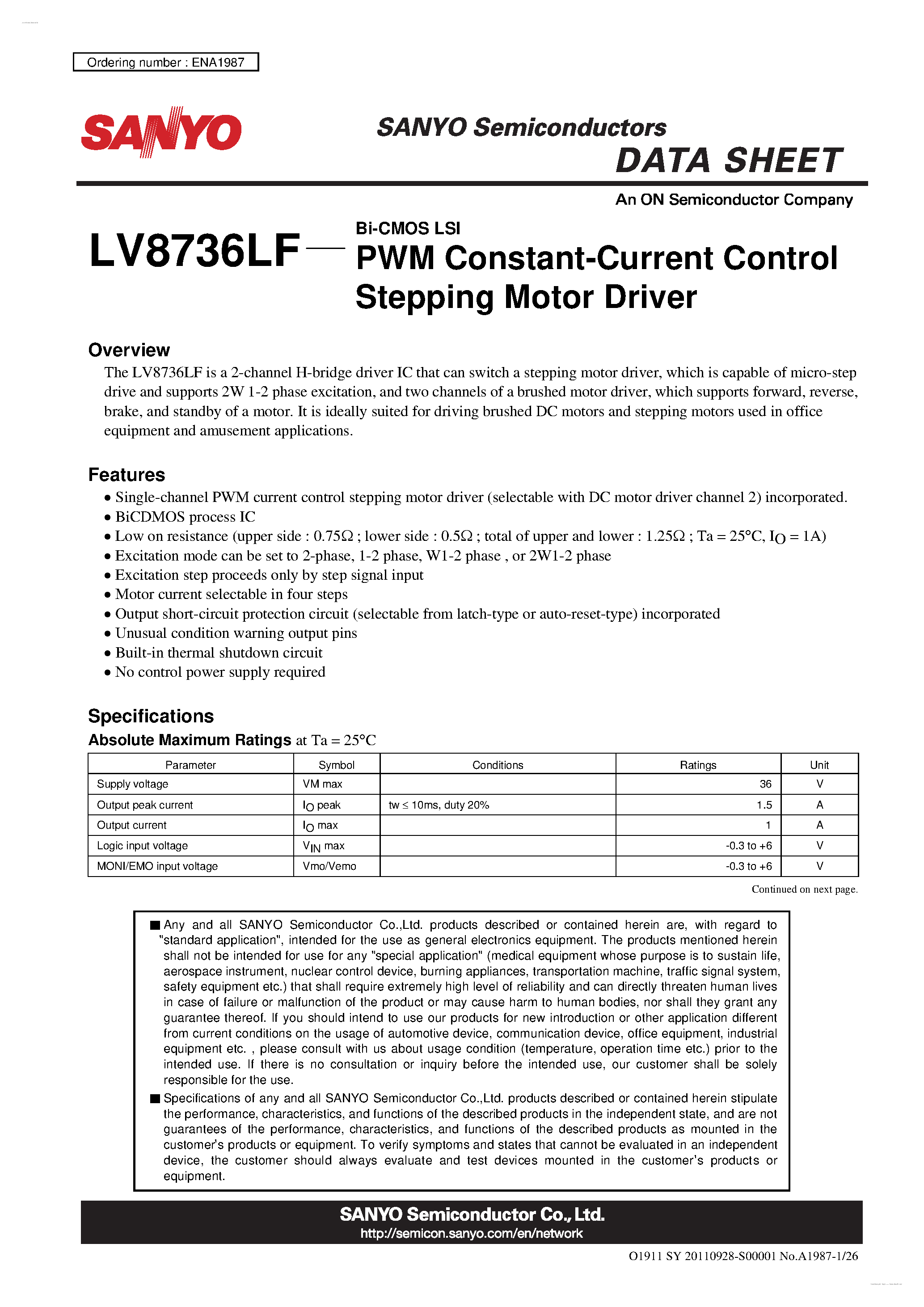 Даташит LV8736LF - PWM Current Control Stepping Motor Driver страница 1
