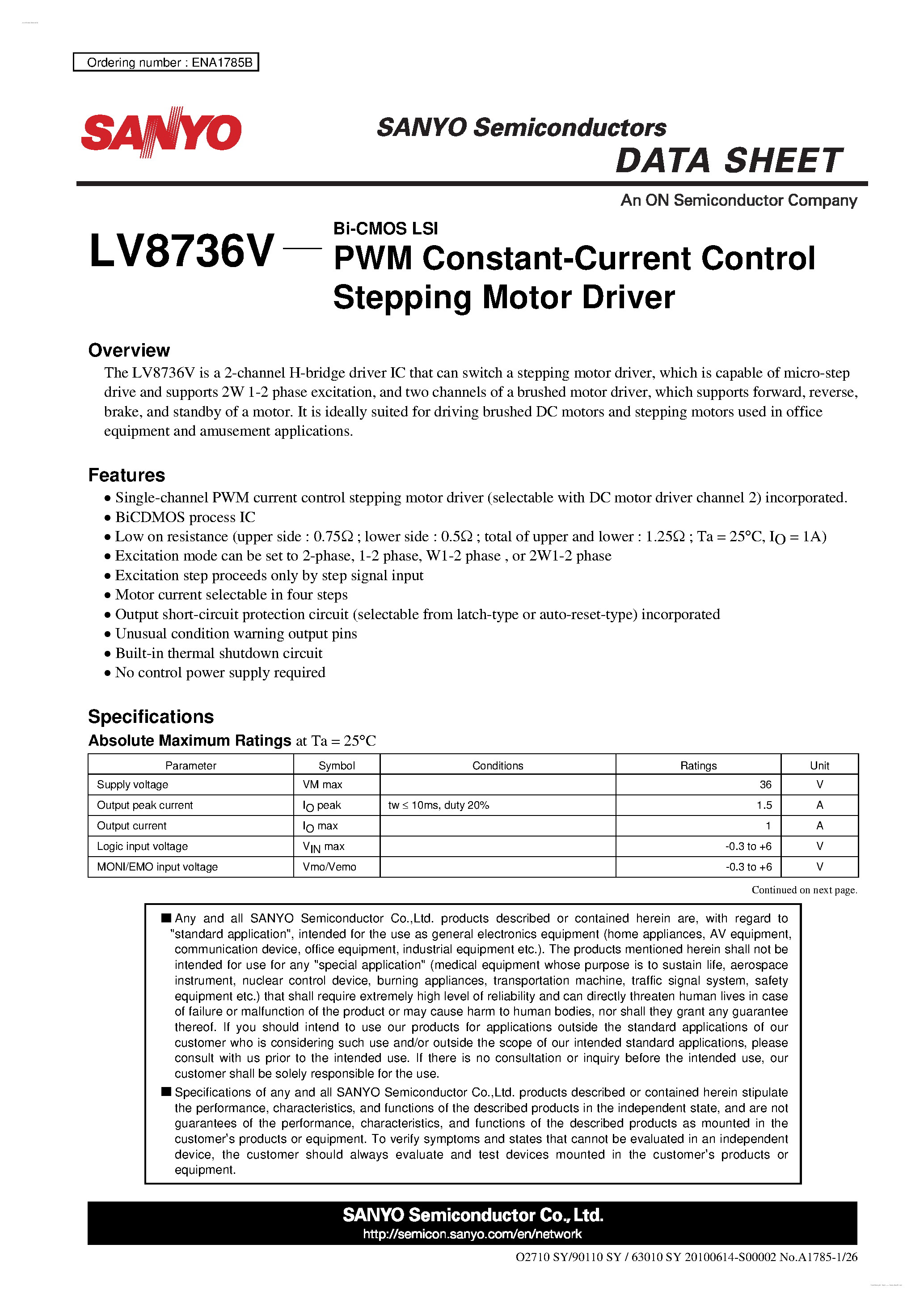 Даташит LV8736V - PWM Current Control Stepping Motor Driver страница 1