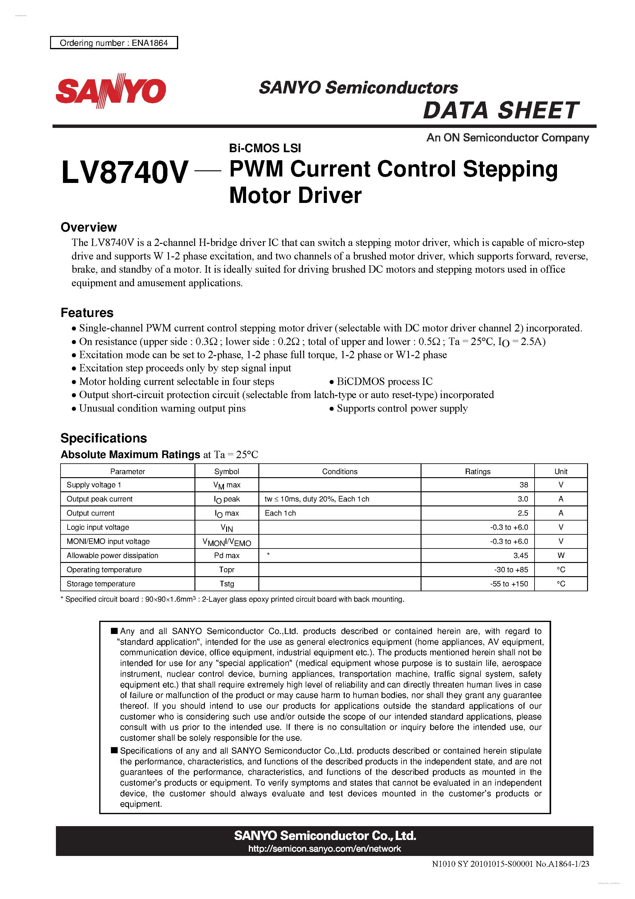 Даташит LV8740V - PWM Current Control Stepping Motor Driver страница 1