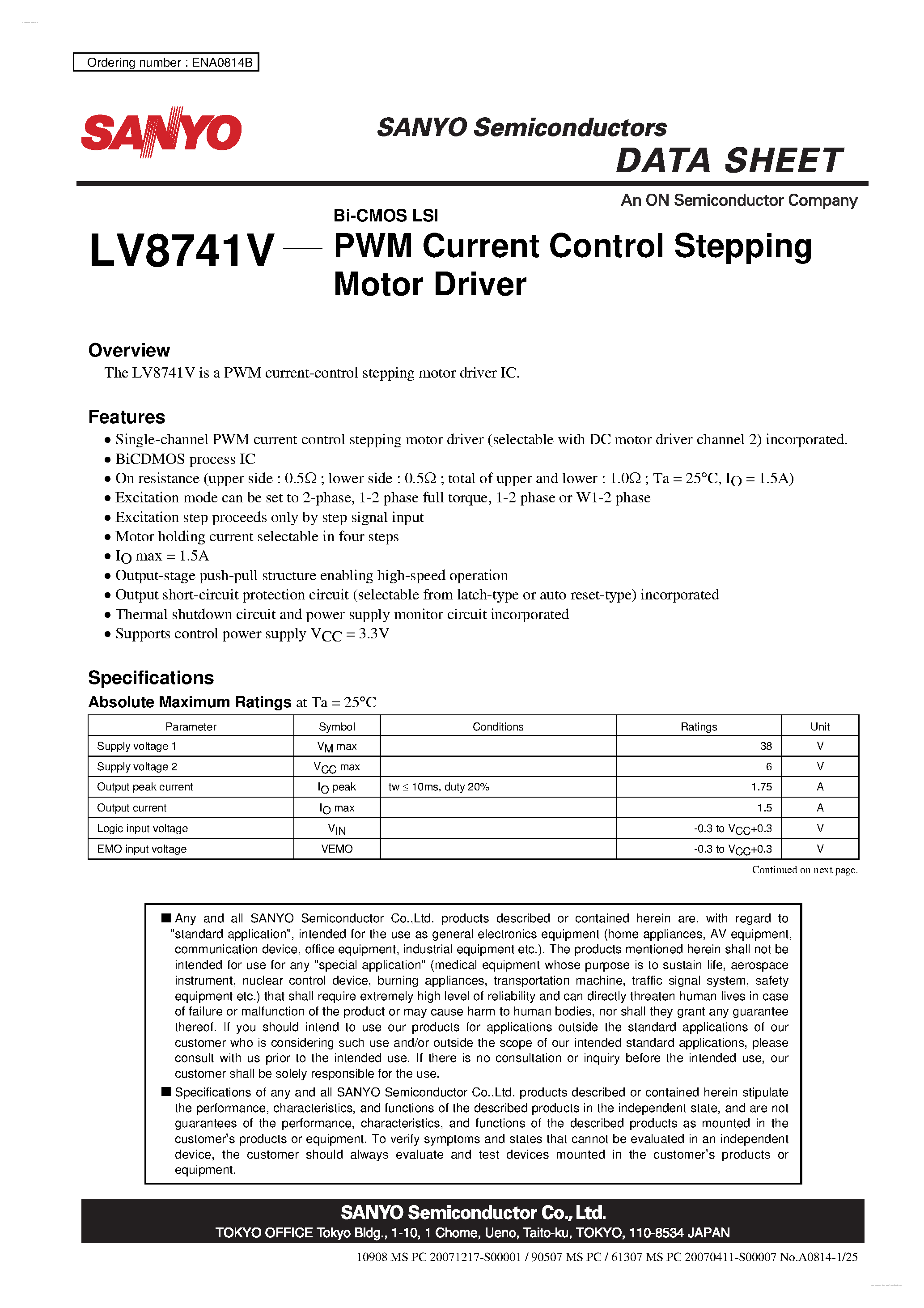 Даташит LV8741V - PWM Current Control Stepping Motor Driver страница 1
