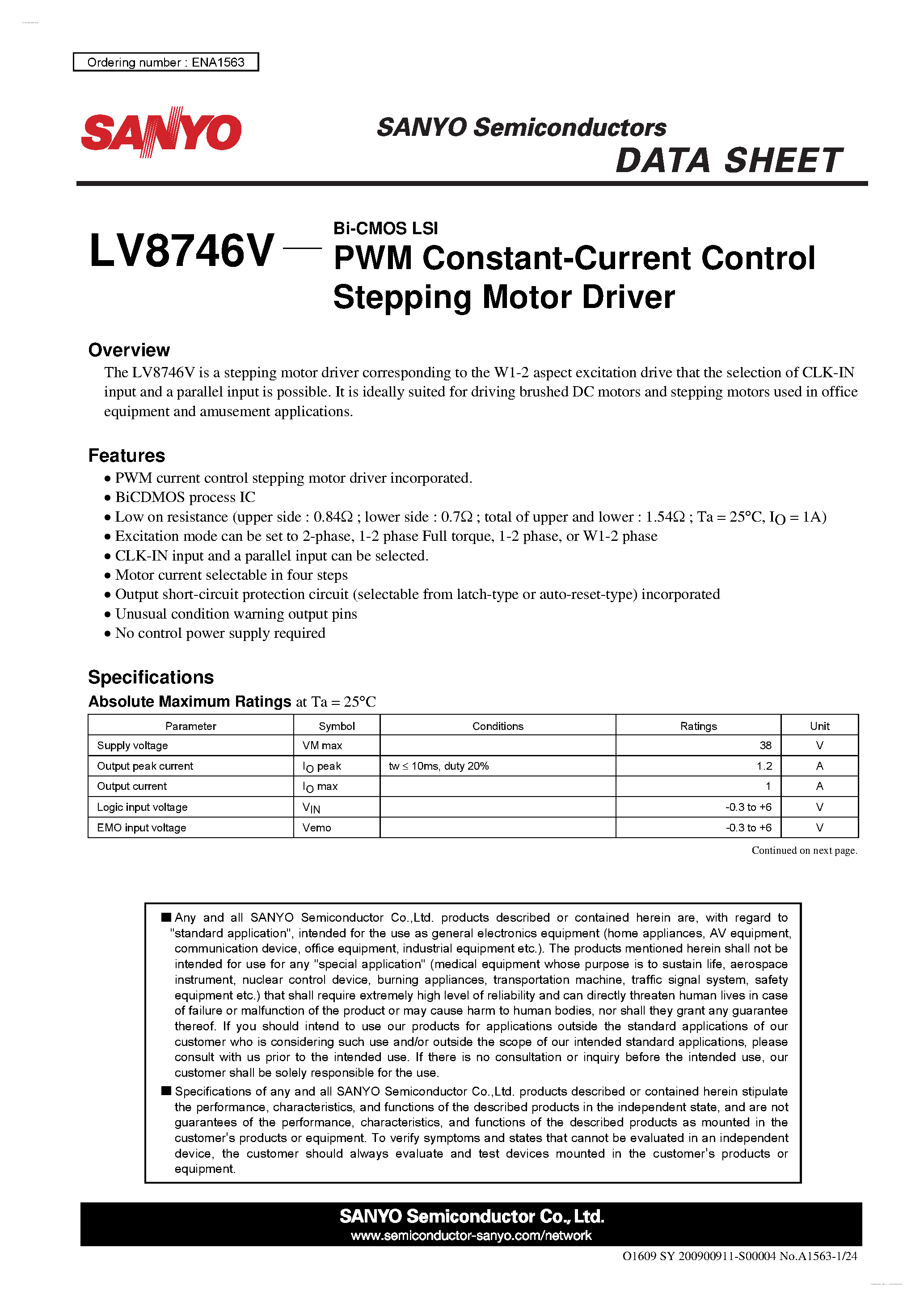Даташит LV8746V - PWM Current Control Stepping Motor Driver страница 1