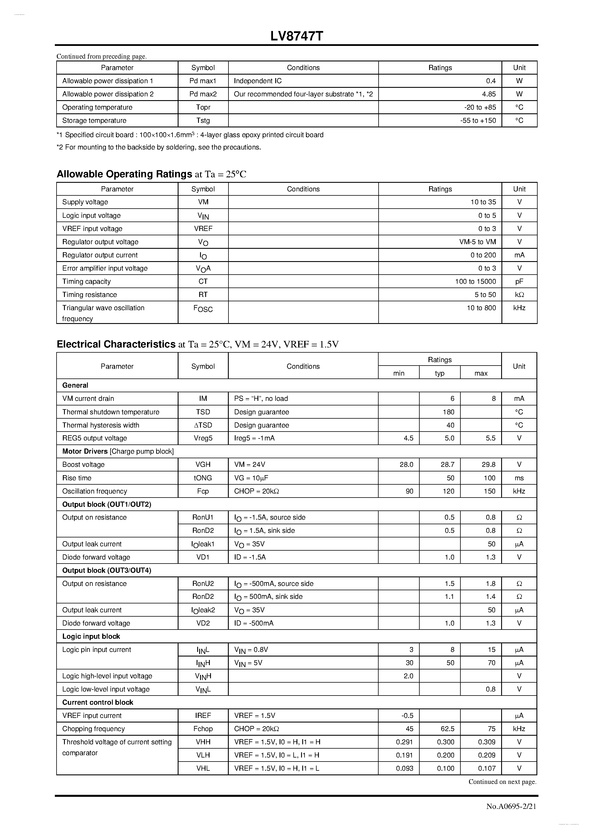 Даташит LV8747T - PWM Constant-Current Control Stepping Motor Driver and Switching Regulator Controller страница 2