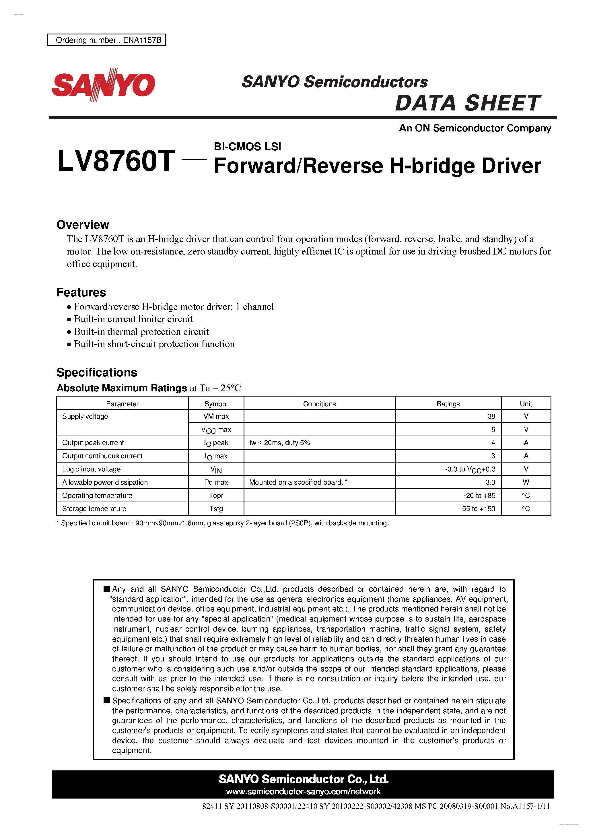 Datasheet LV8760T page 1 Datasheet LV8760T - Forward/Reverse H-bridge Driver page 1