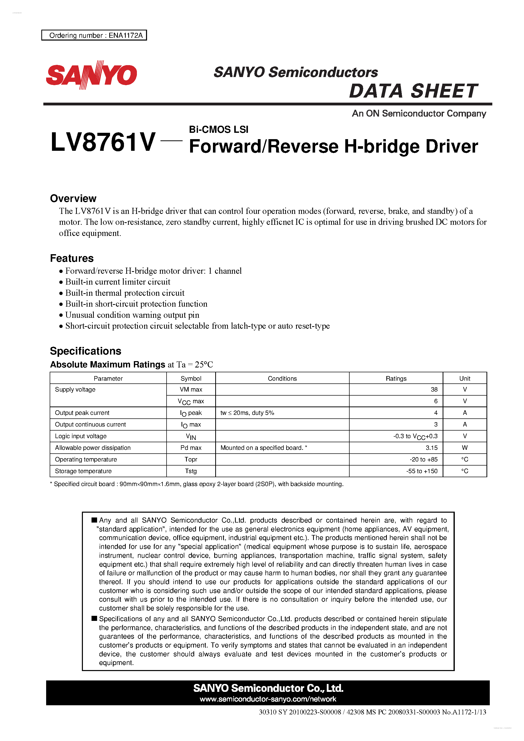 Datasheet LV8761V page 1 Datasheet LV8761V - Forward/Reverse H-bridge Driver page 1