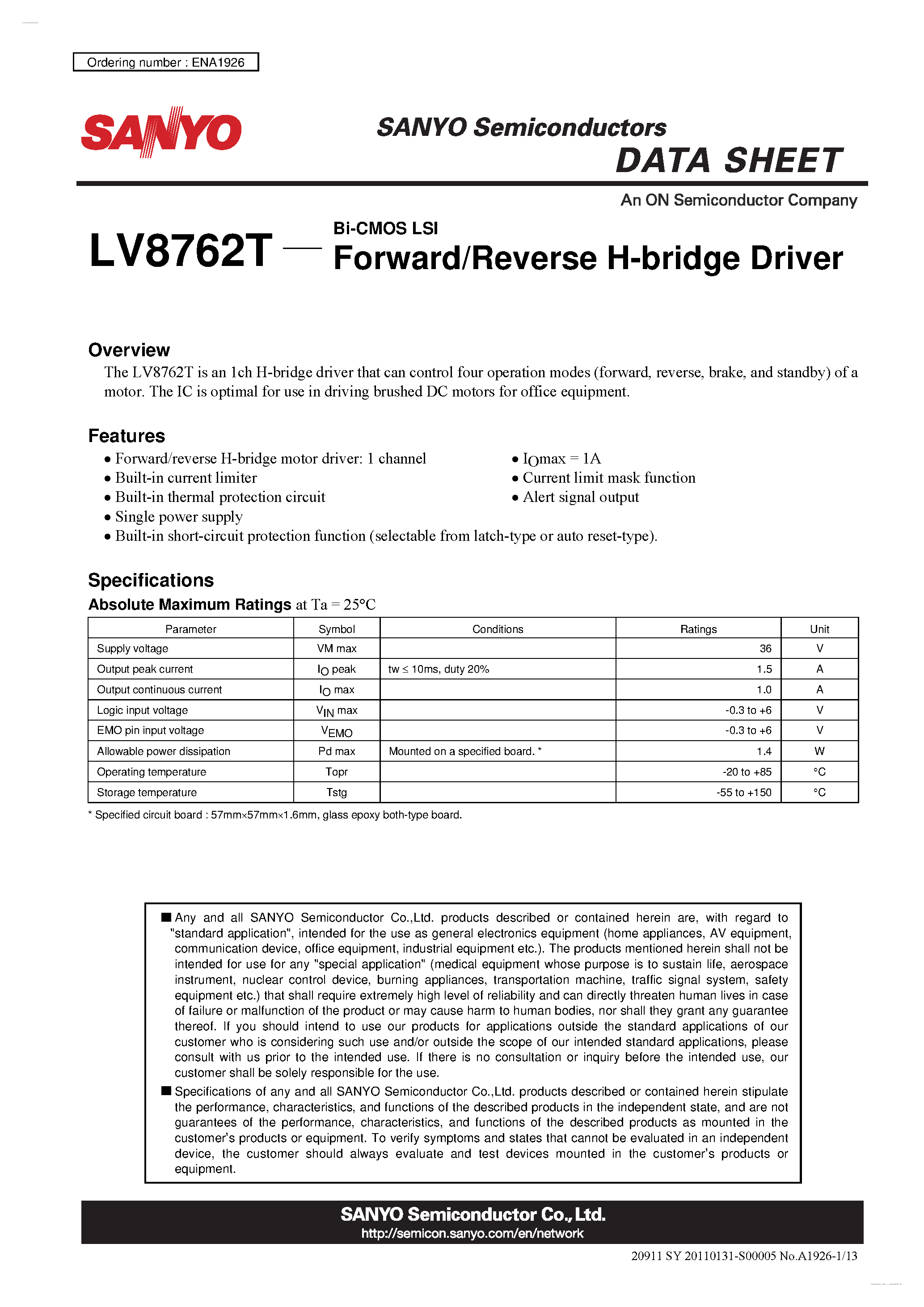 Datasheet LV8762T page 1 Datasheet LV8762T - Forward/Reverse H-bridge Driver page 1