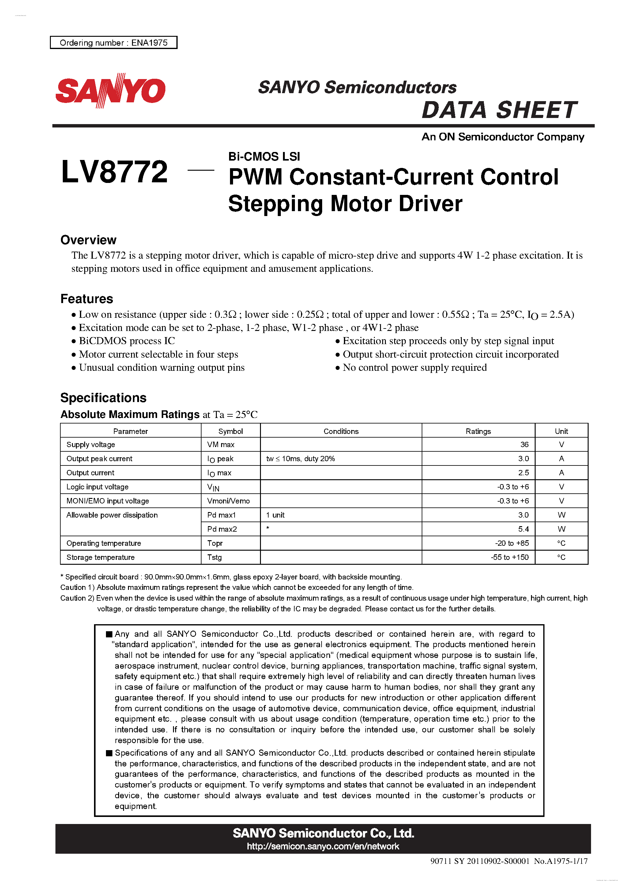 Даташит LV8772 - PWM Constant-Current Control Stepping Motor Driver страница 1