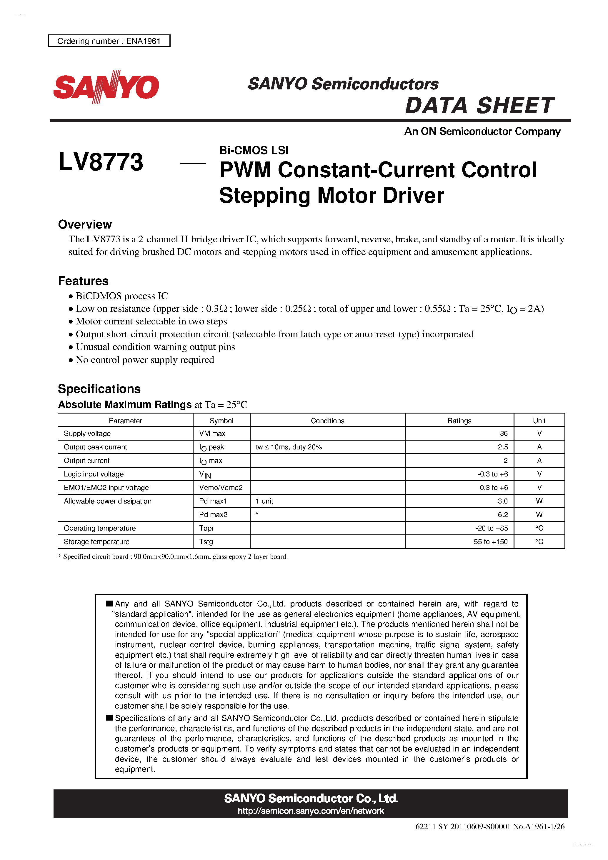 Даташит LV8773 - PWM Constant-Current Control Stepping Motor Driver страница 1
