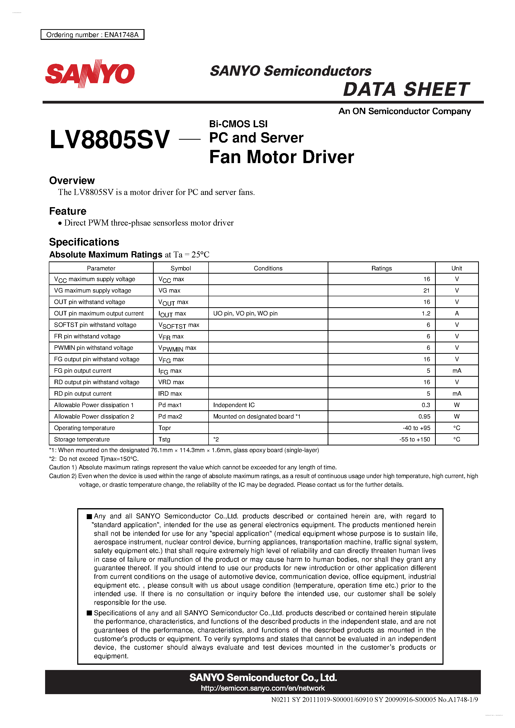 Datasheet LV8805SV - Fan Motor Driver page 1