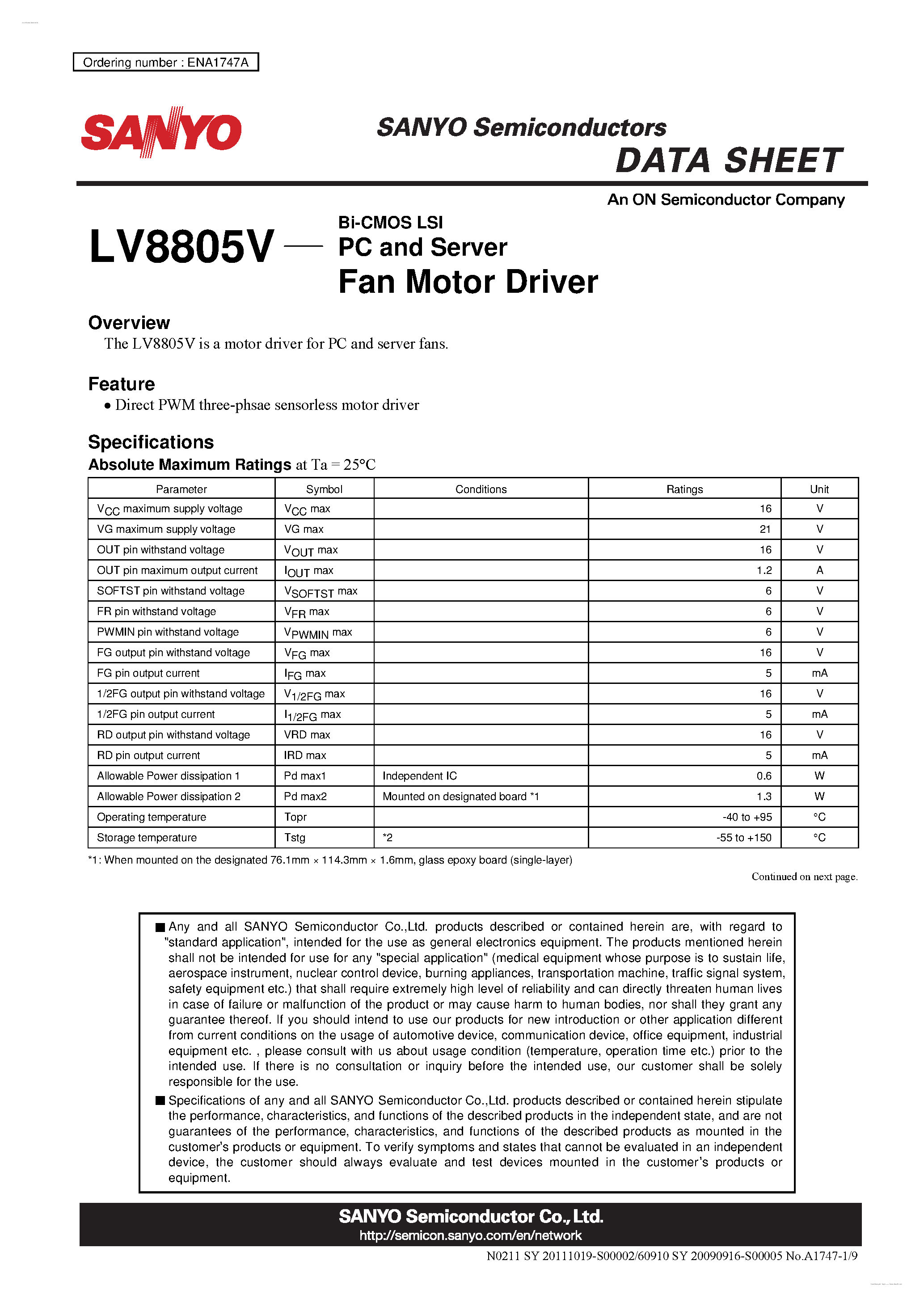 Datasheet LV8805V - Fan Motor Driver page 1