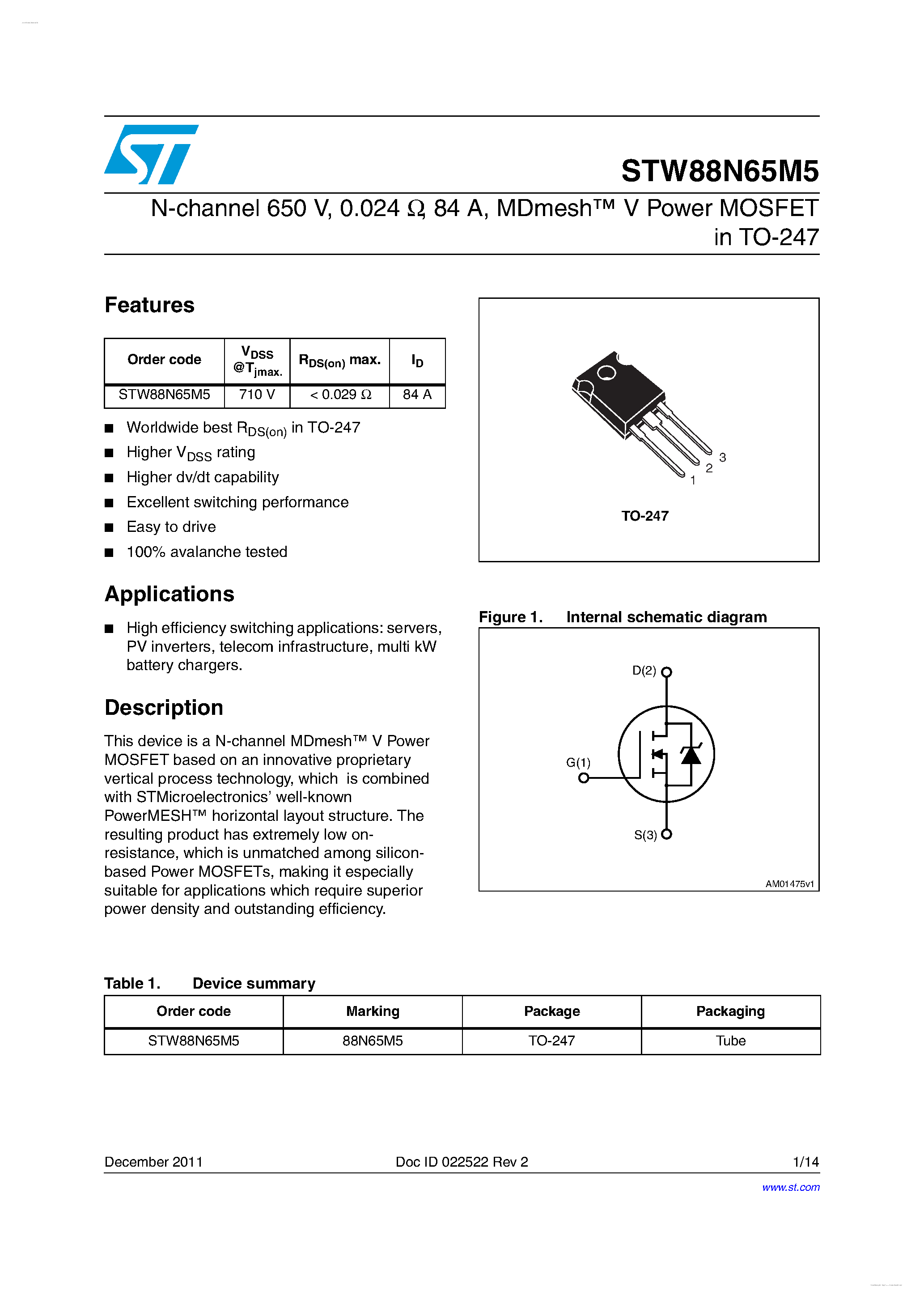 Даташит STW88N65M5 - N-Channel V Power MOSFET страница 1