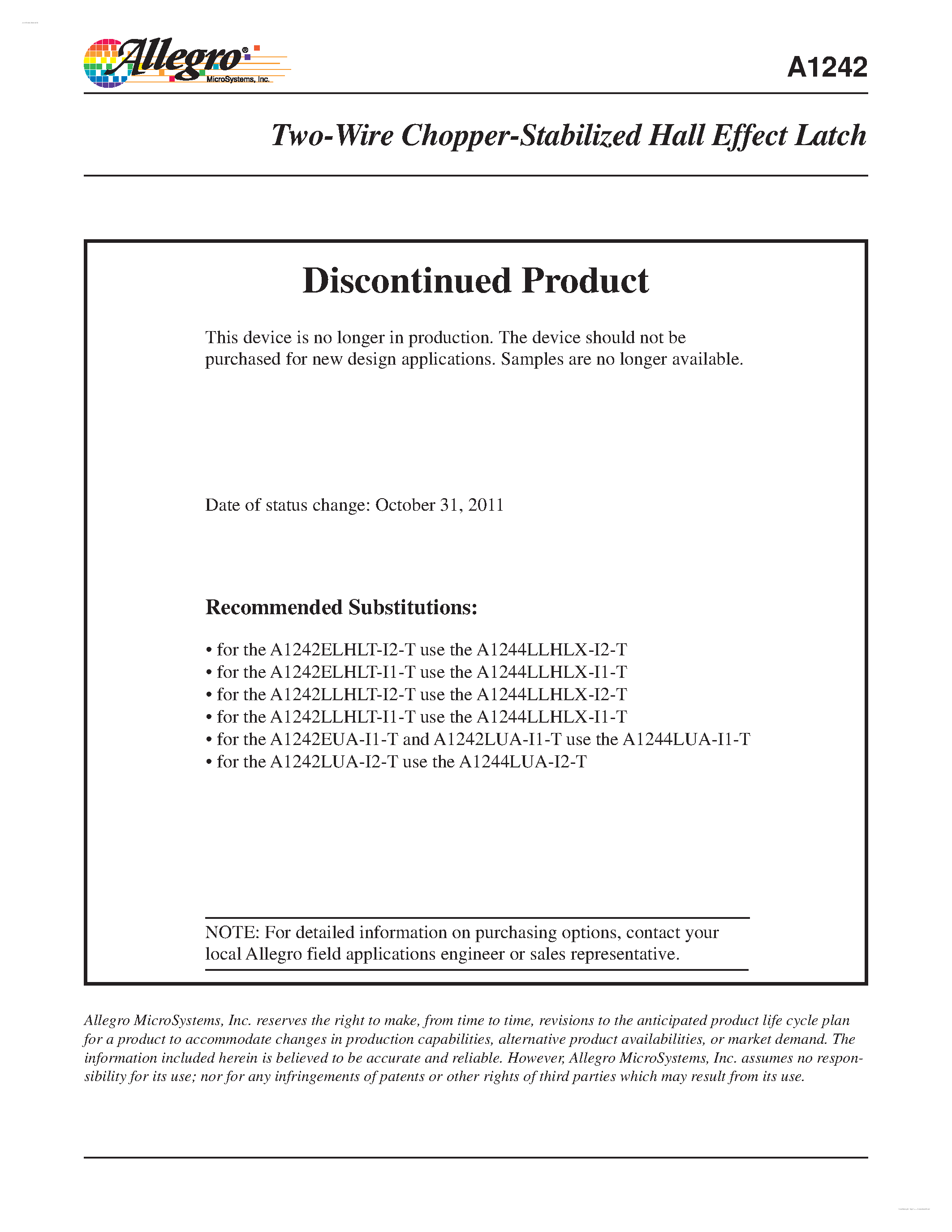 Datasheet A1242 - Two-Wire Chopper-Stabilized Hall Effect Latch page 1