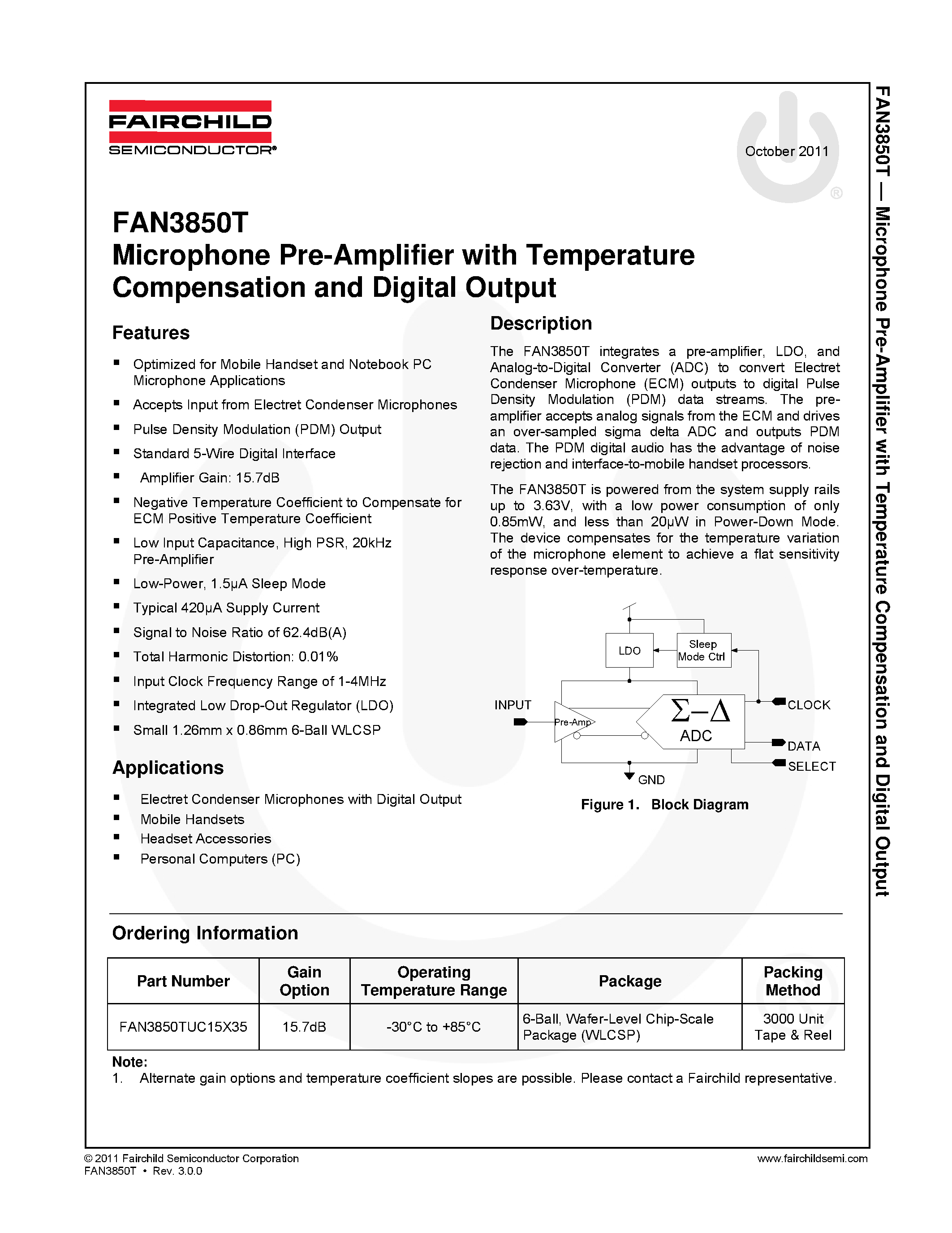Datasheet FAN3850T - Microphone Pre-Amplifier page 1