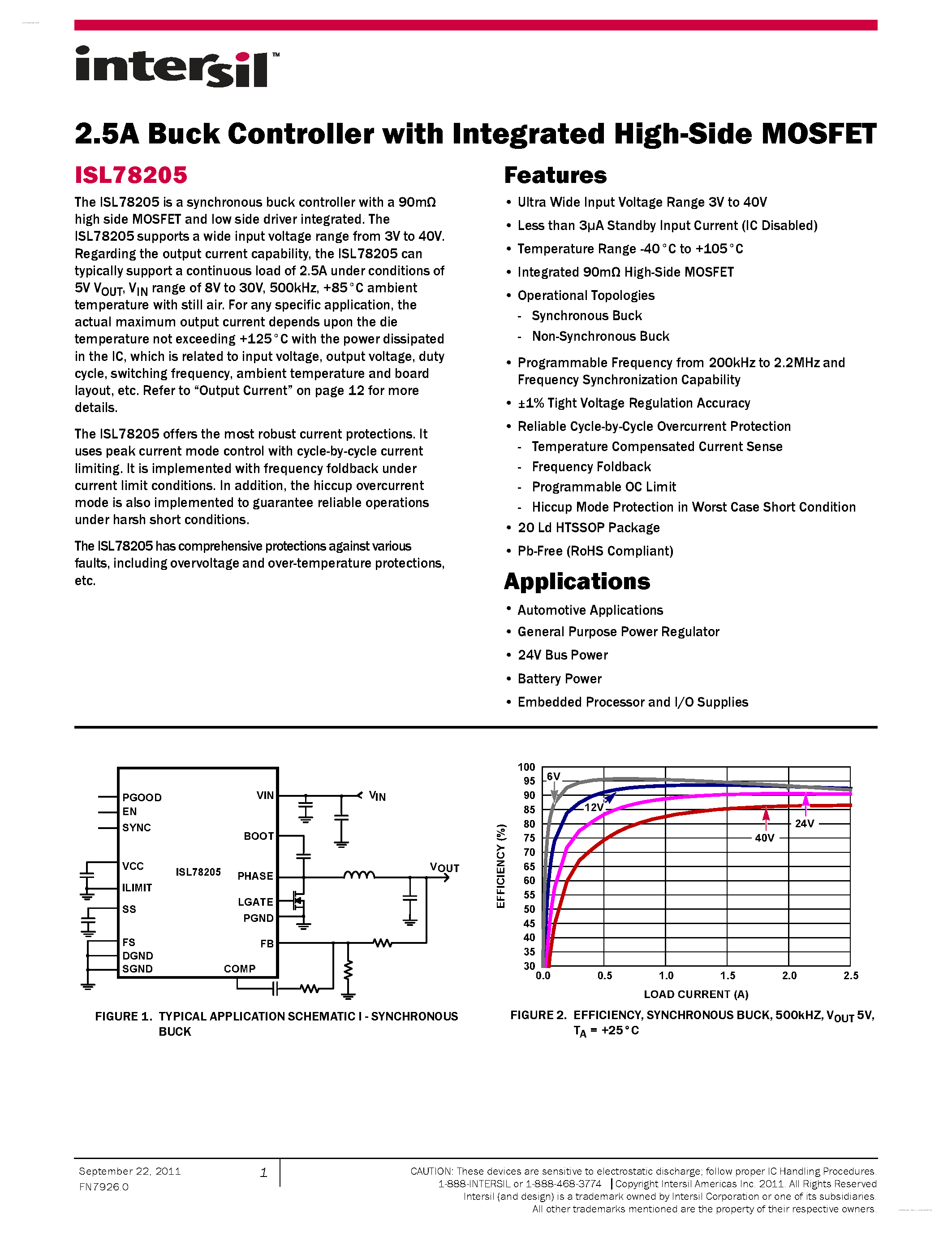 Datasheet ISL78205 page 1 Datasheet ISL78205 - 2.5A Buck Controller page 1