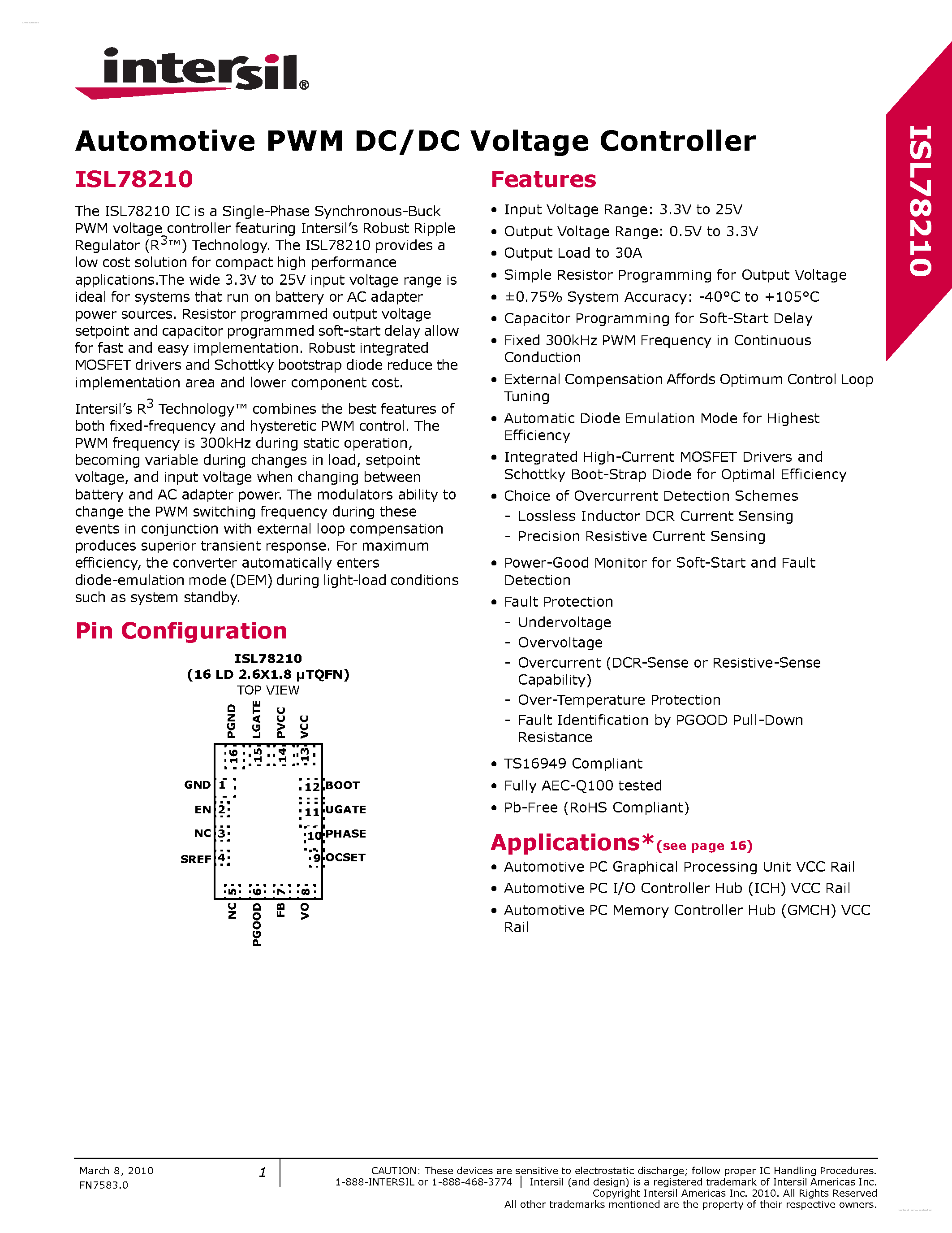 Datasheet ISL78210 page 1 Datasheet ISL78210 - Automotive PWM DC/DC Voltage Controller page 1