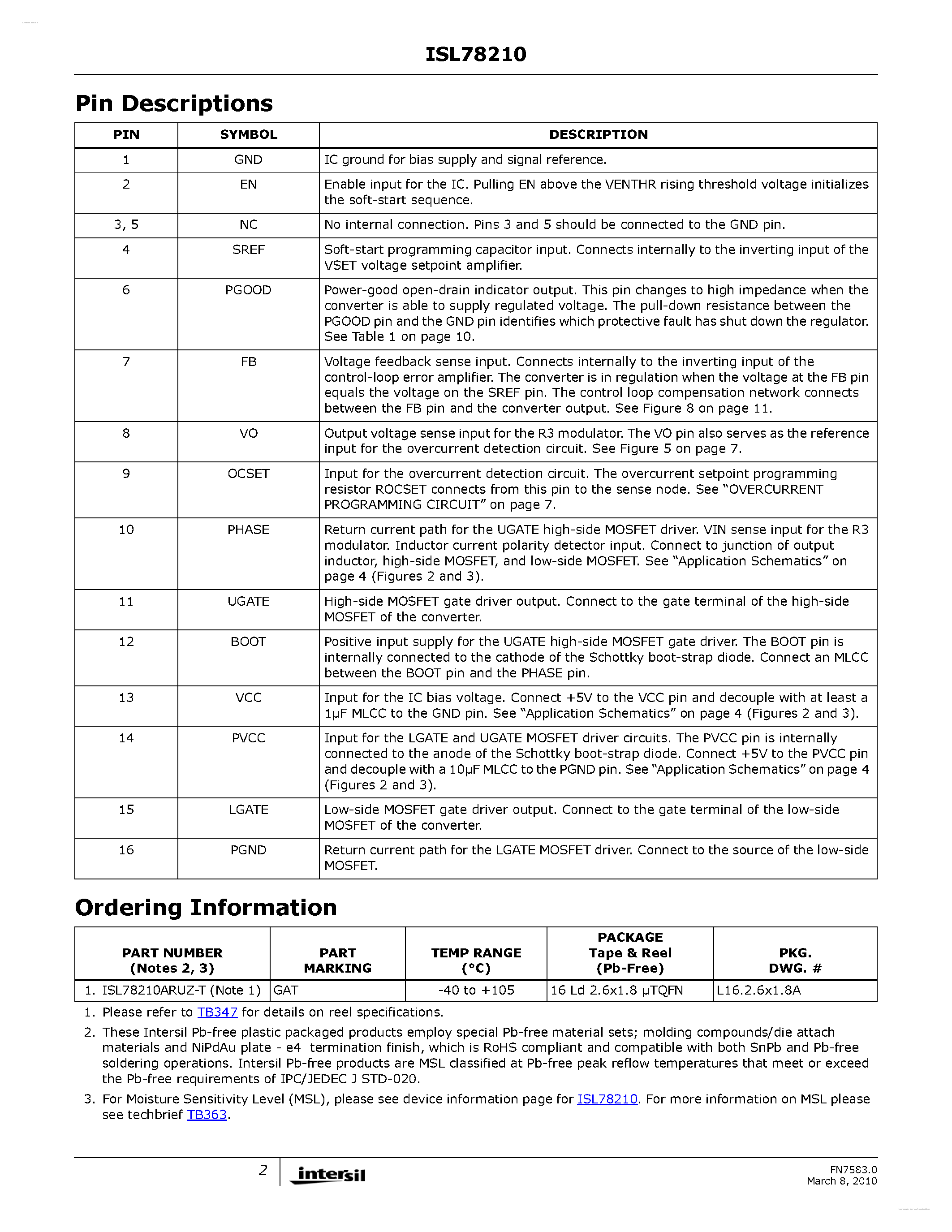 Datasheet ISL78210 page 2 Datasheet ISL78210 - Automotive PWM DC/DC Voltage Controller page 2