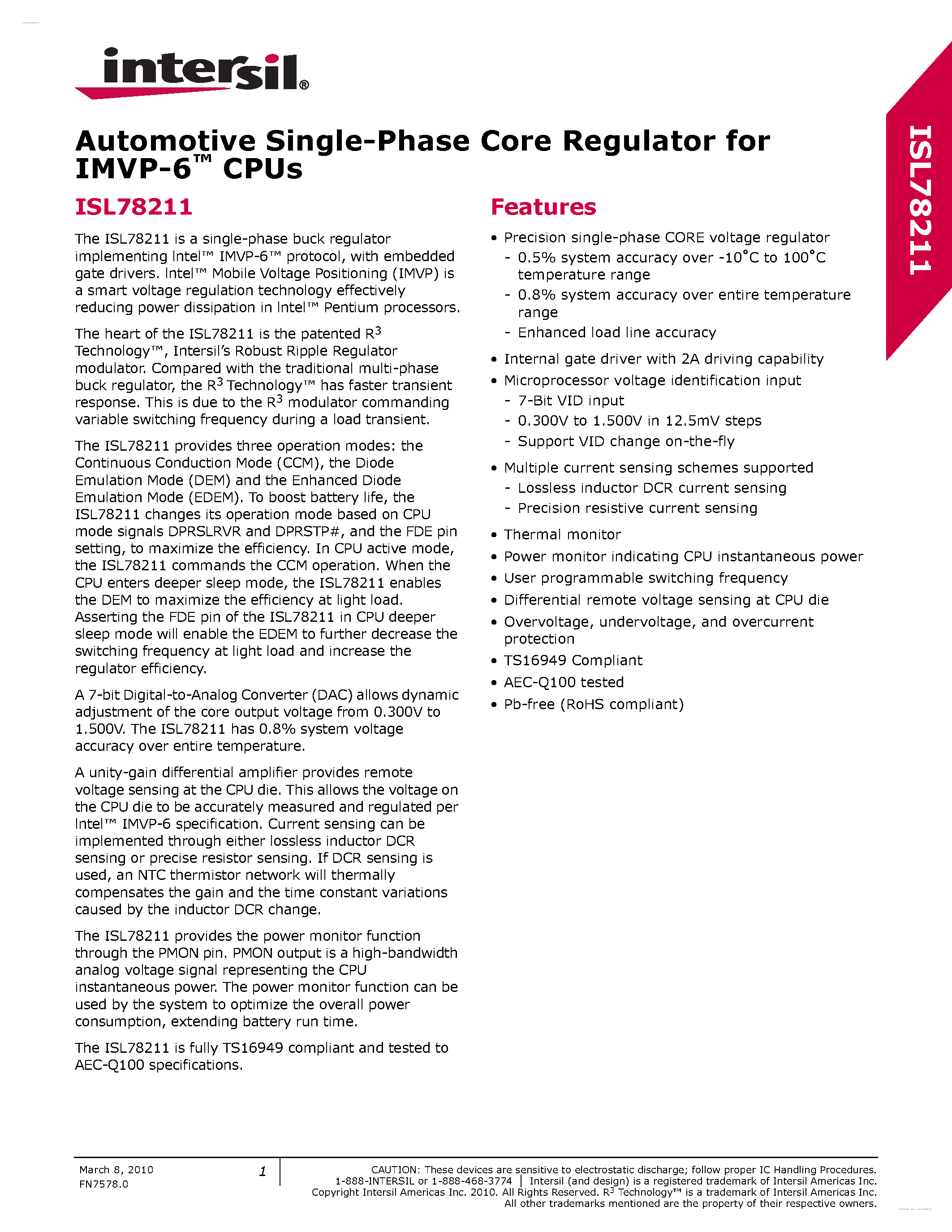 Datasheet ISL78211 page 1 Datasheet ISL78211 - Automotive Single-Phase Core Regulator page 1