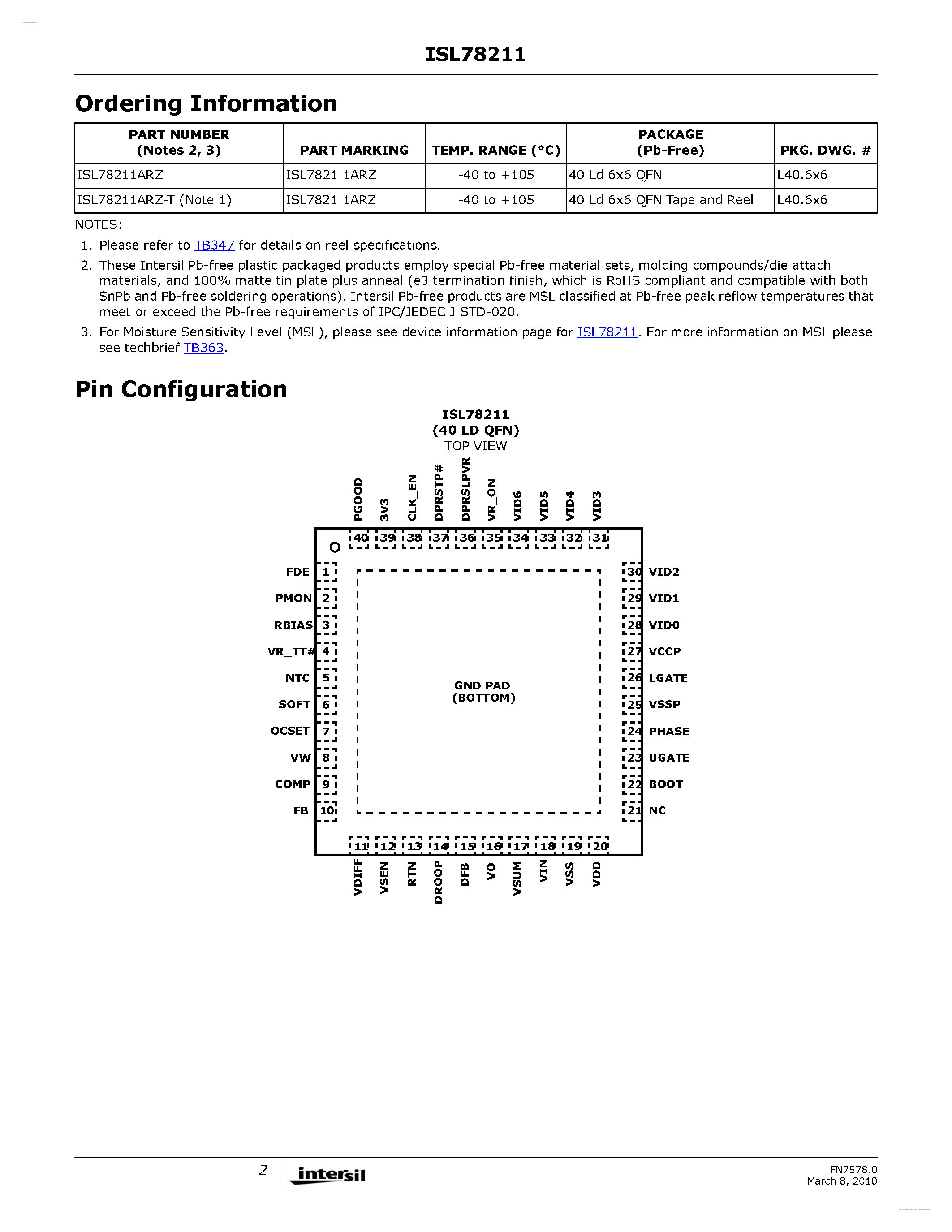 Datasheet ISL78211 page 2 Datasheet ISL78211 - Automotive Single-Phase Core Regulator page 2