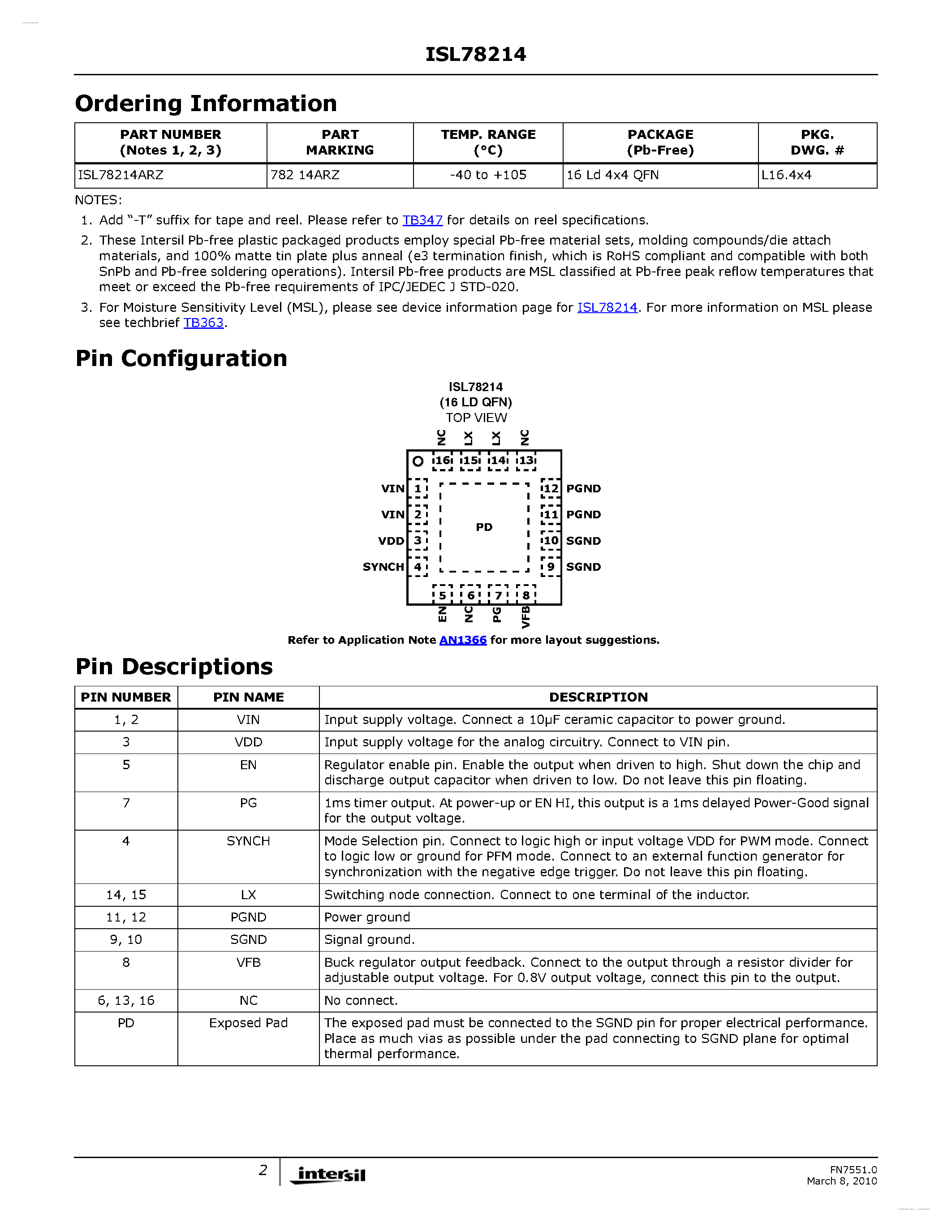 Datasheet ISL78214 page 2 Datasheet ISL78214 - 4A Low Quiescent Current High Efficiency Synchronous Buck Regulator page 2