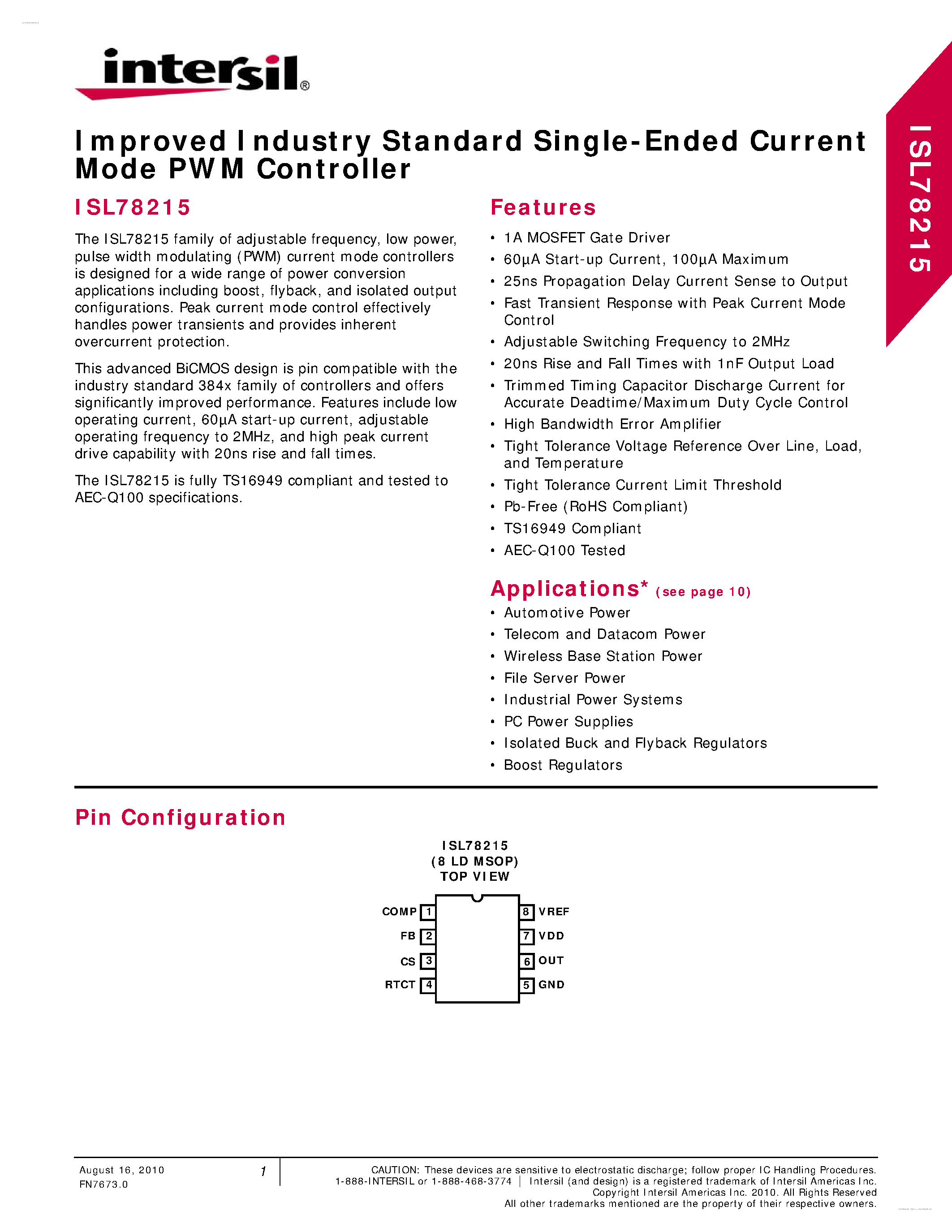 Datasheet ISL78215 page 1 Datasheet ISL78215 - Improved Industry Standard Single-Ended Current Mode PWM Controller page 1