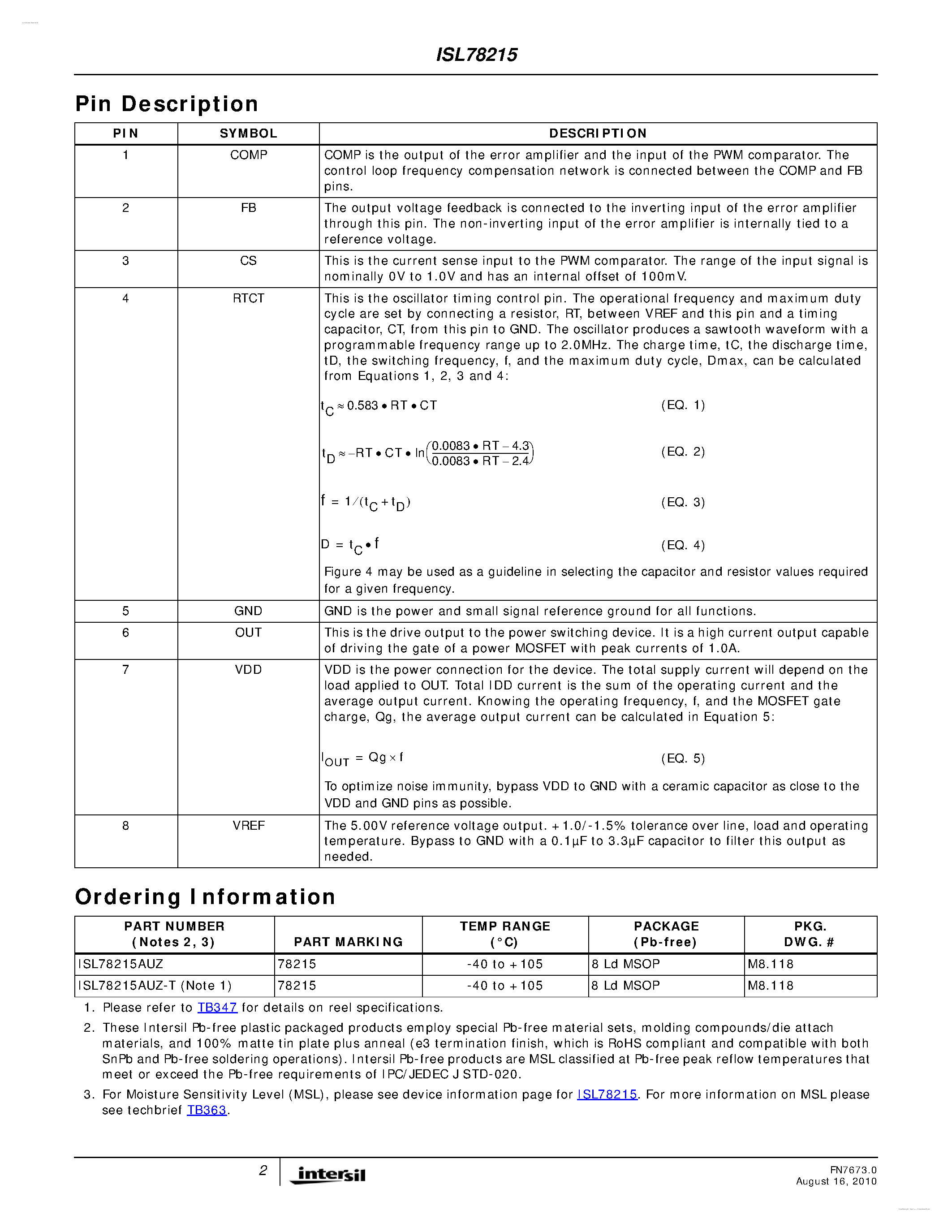 Datasheet ISL78215 page 2 Datasheet ISL78215 - Improved Industry Standard Single-Ended Current Mode PWM Controller page 2