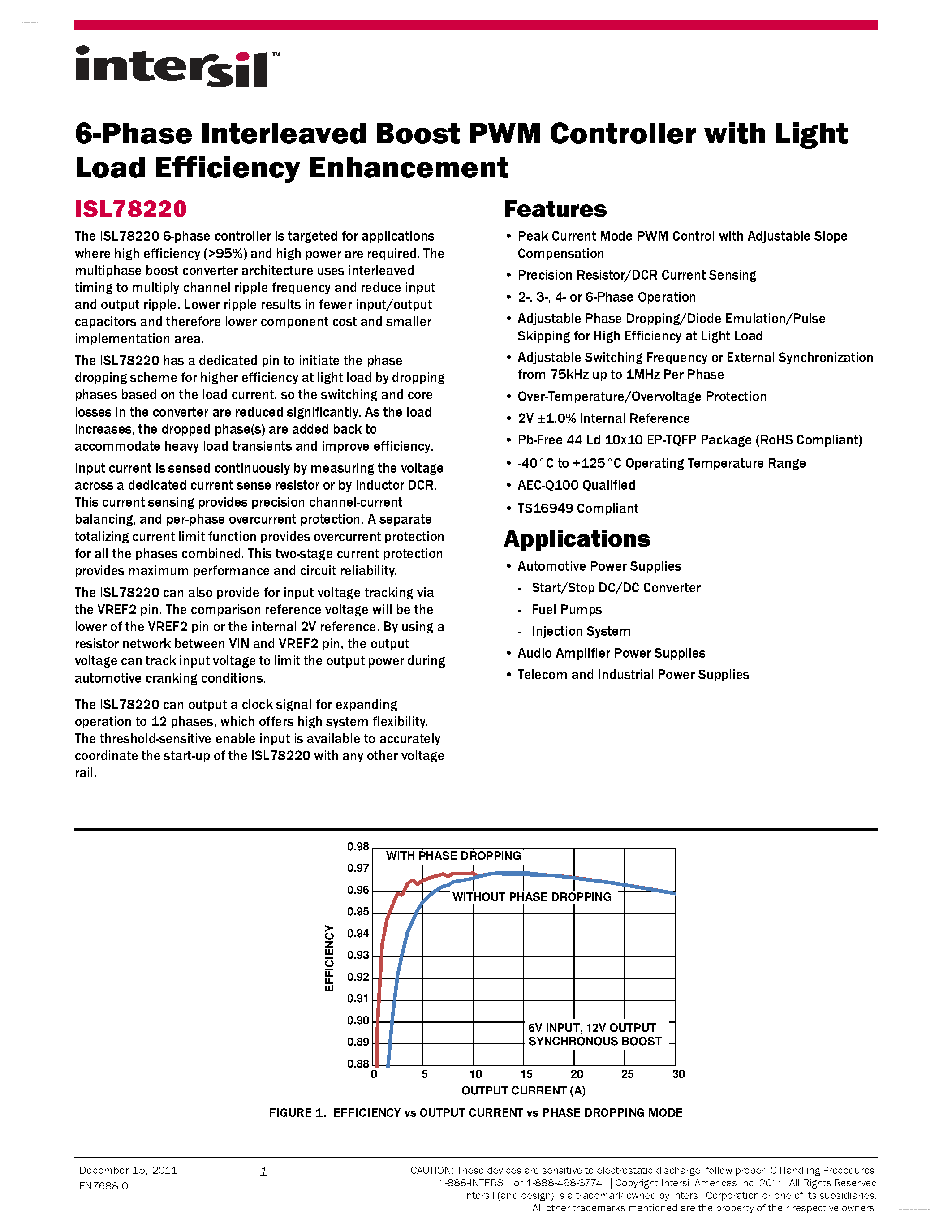 Datasheet ISL78220 page 1 Datasheet ISL78220 - 6-Phase Interleaved Boost PWM Controller page 1
