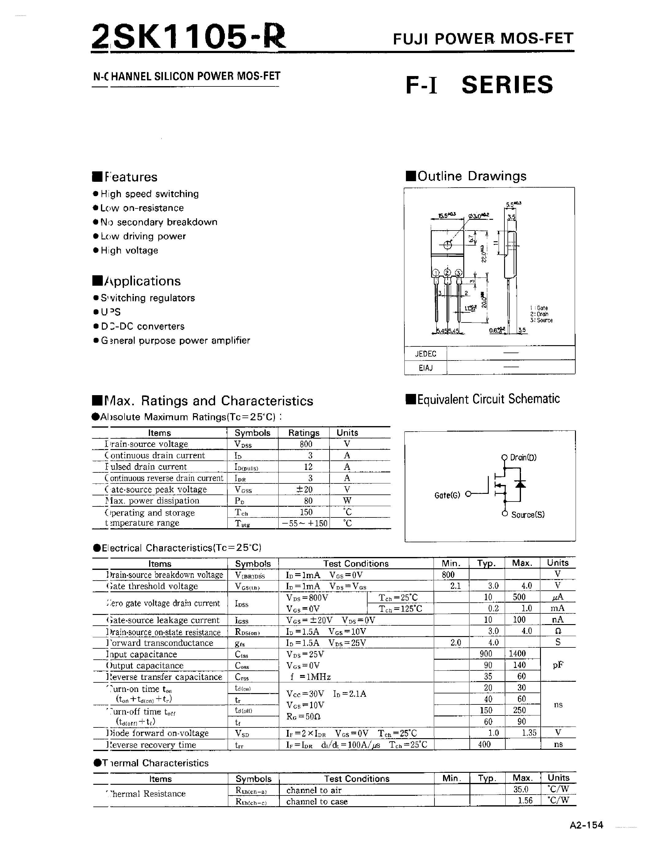 Datasheet 2SK1105-R - N-Channel Silicon Power MOSFET page 1
