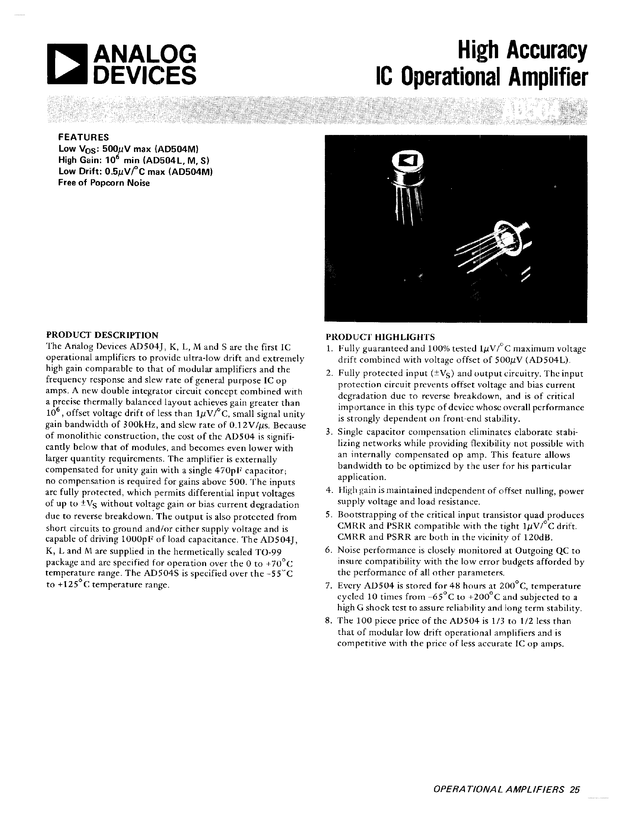 Datasheet AD504 - High Accuracy IC Operational Amplifier page 1