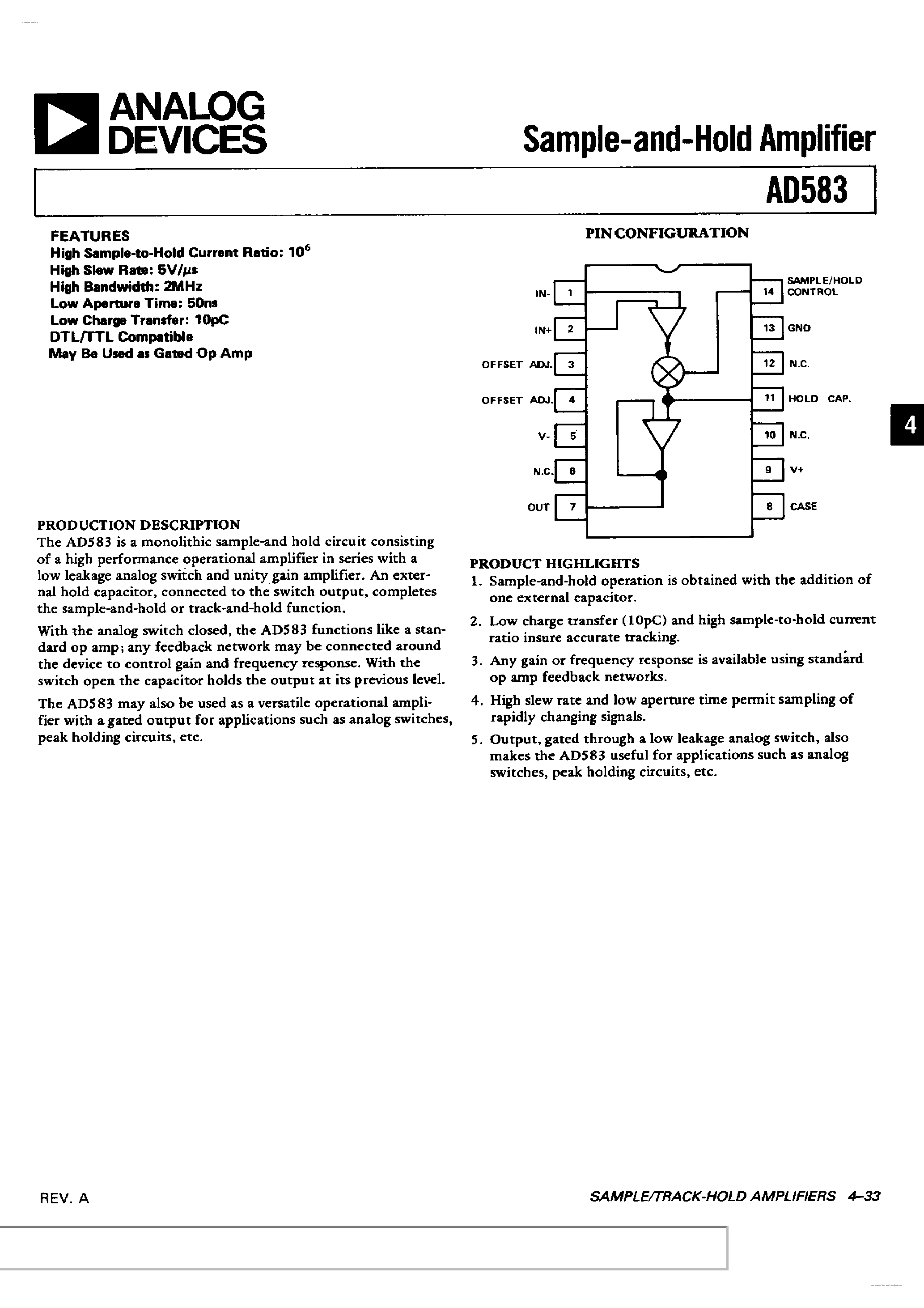 Даташит AD583 - Sample and Hold Amplifier страница 1