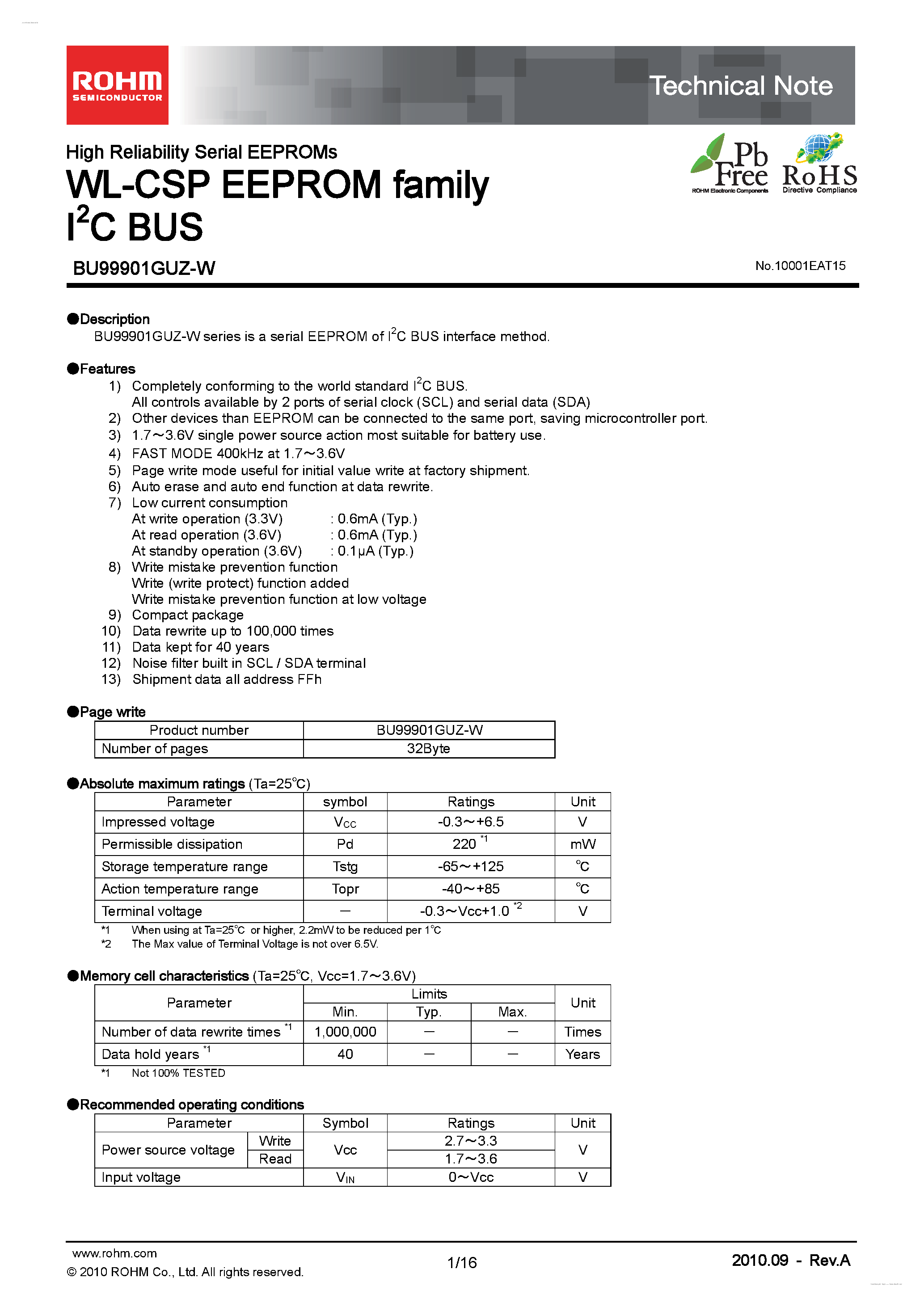 Datasheet BU99901GUZ-W page 1 Datasheet BU99901GUZ-W - WL-CSP EEPROM family page 1